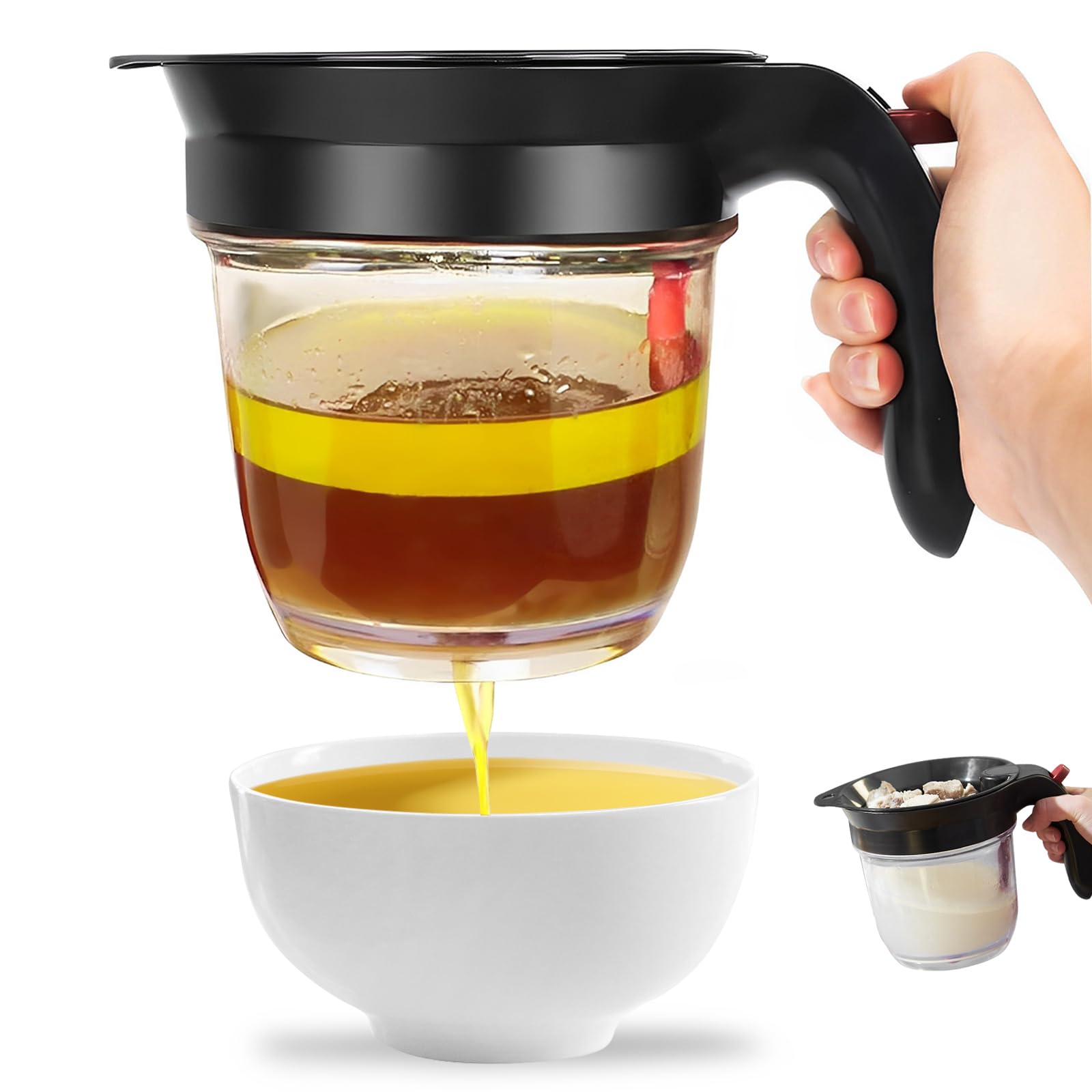 Fetttrennkanne für Soßen, Fettabscheider 1000ML | Doppelfiltrations Fetttrenner, Ein Knopf Pressefreigabe Spender, Einfaches Abscheiden von Fett