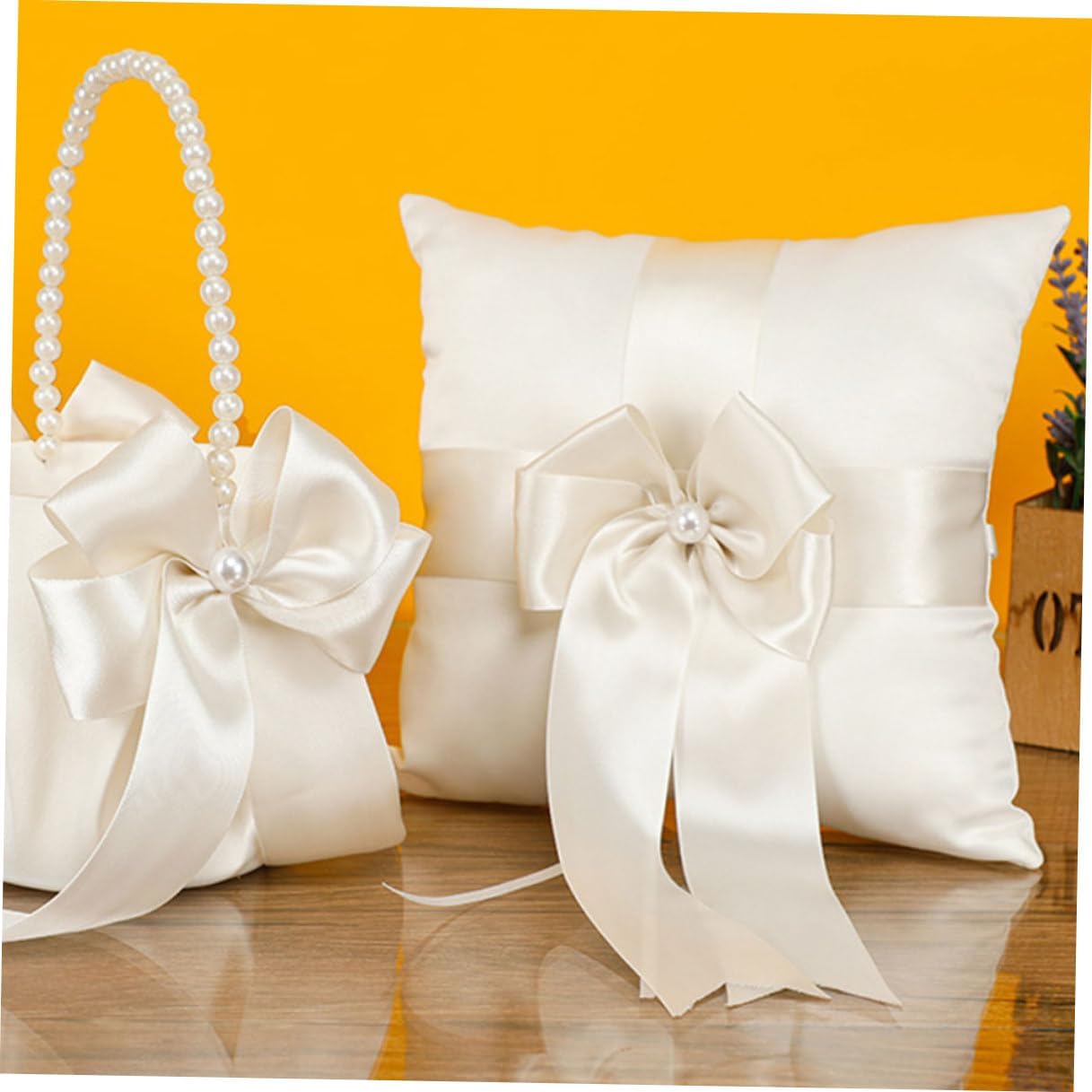 Amosfun Wedding Ring Pillow Bowknot Satin Ribbon White Ring Bearer Cushion for Wedding Ceremony Bridal Shower Proposal Event Decoration