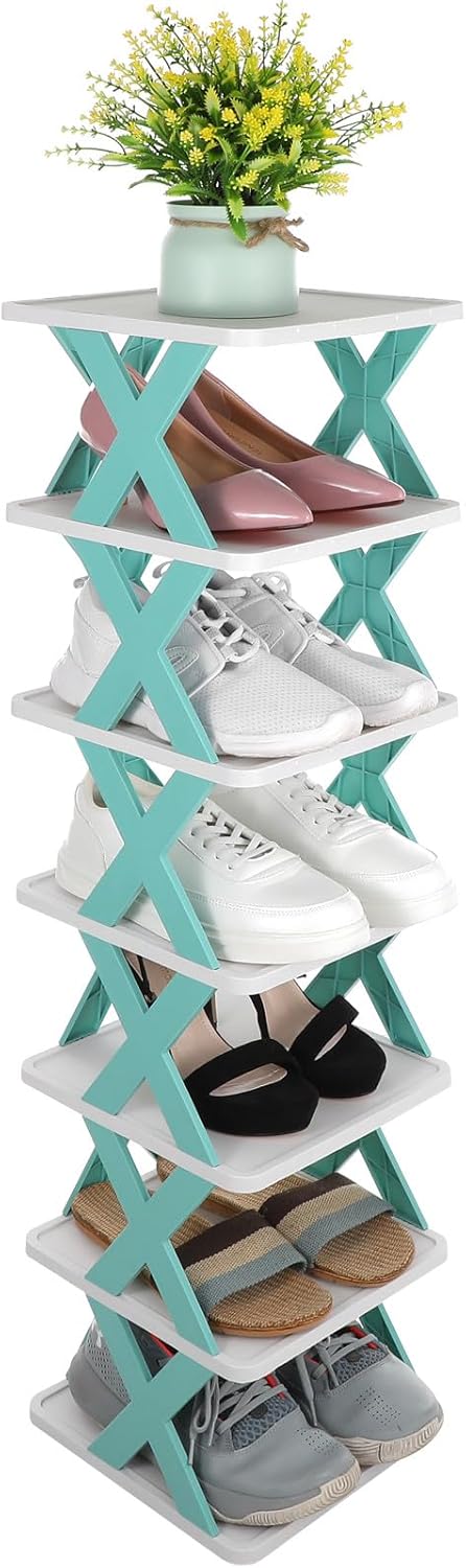 Multi-Tier Shoe Rack 7-Layer Freestanding Shoe Organizer with Light Blue Frame for Home Closet Storage