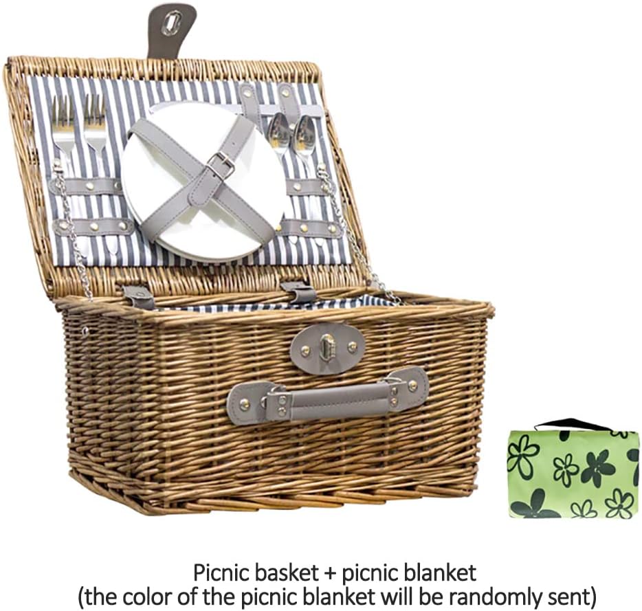 Picnic Basket Set 2 Person Wicker Picnicr with Ceramic Plates,Cutlery,Ceramic Cup,Corkscrew,Picnic Blanket for Camping,Outdoor,Valentine Day,Chirtmas,Thanks Giving,Birthday. (B 37 * 27 * 19cm)