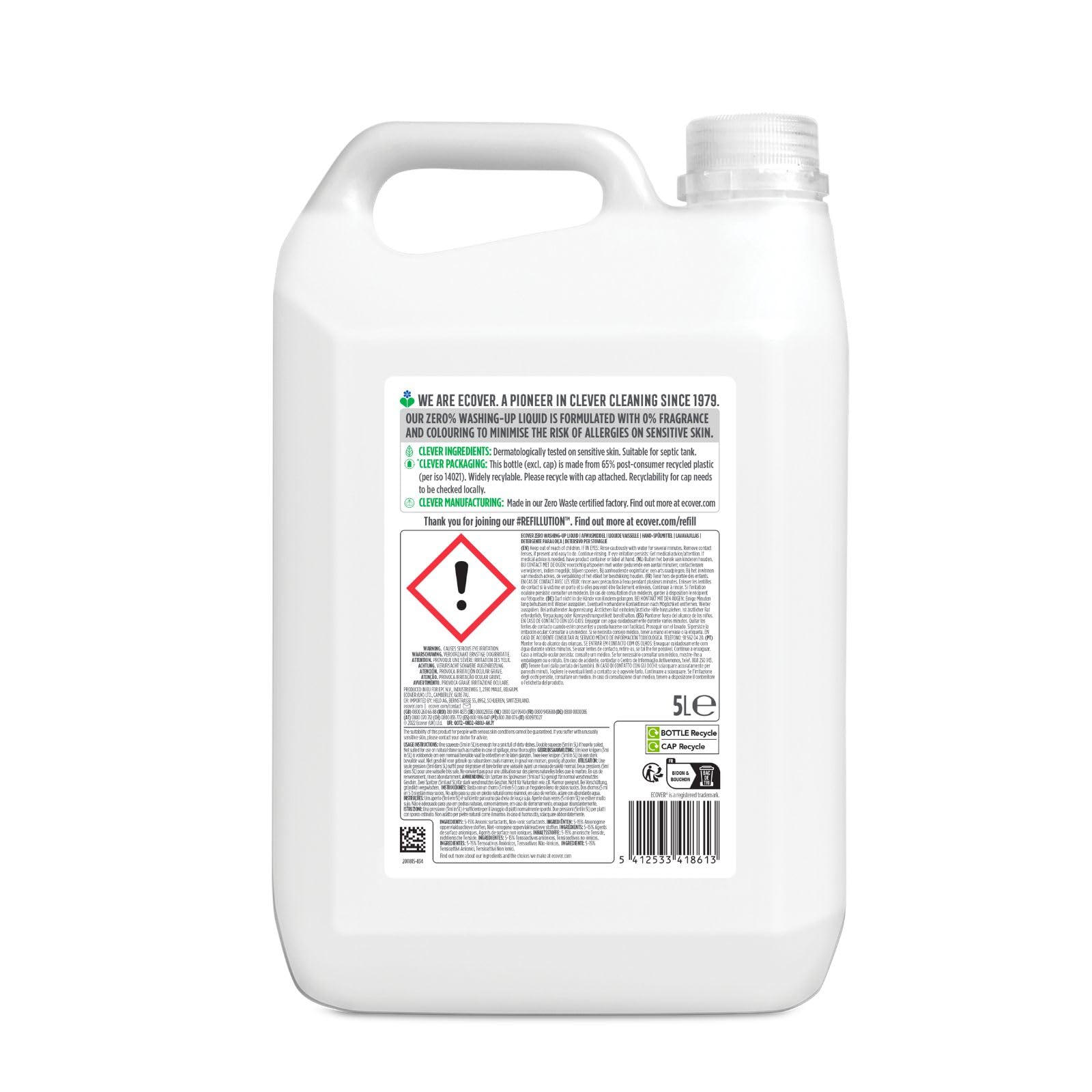 Ecover Zero - Recambio de detergente líquido para lavavajillas, resistente contra la grasa y la suciedad, dermatológicamente probado, Ecover 1 x 5L