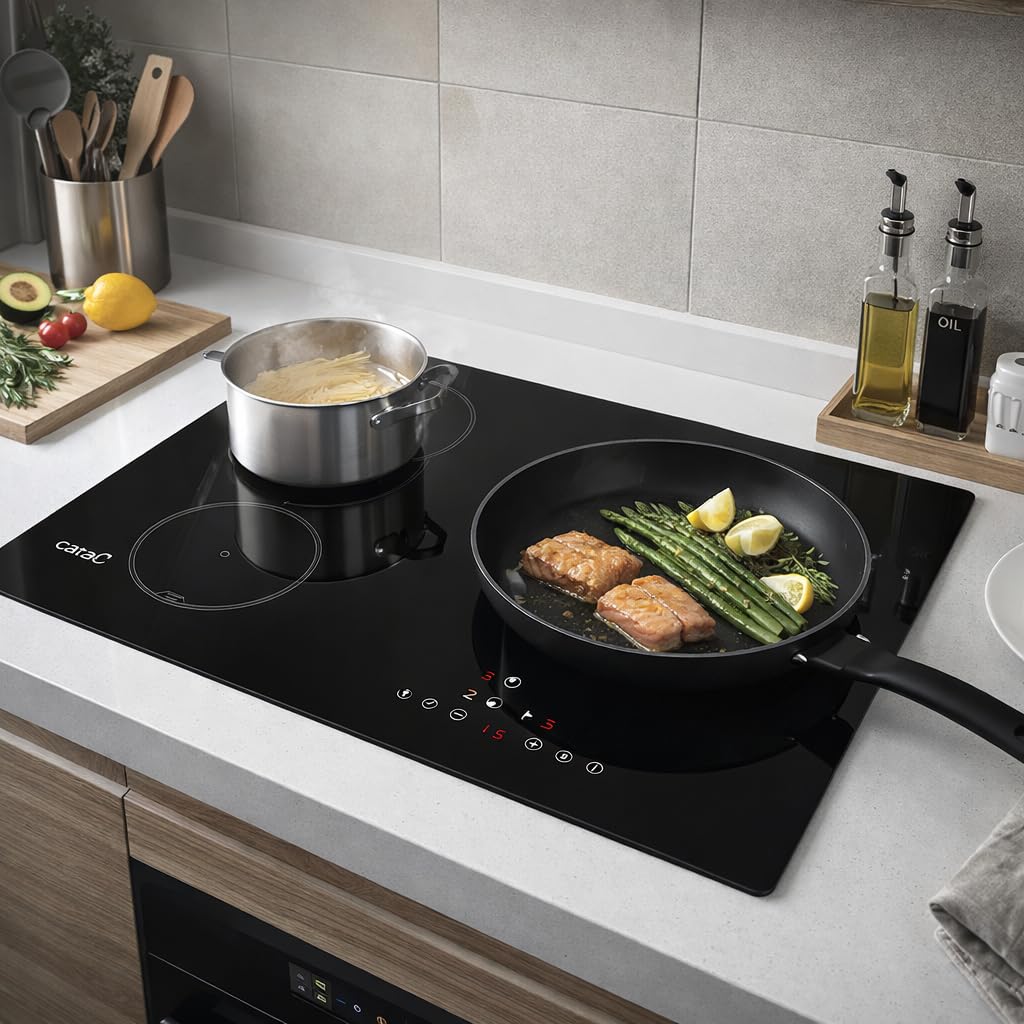 CATA Placa de Inducción IB 5003 BK, 60cm, 3 Zonas de Cocción, Control táctil, Avisador acústico, 9 niveles de Potencia + Booster, Temporizador, Color Negro