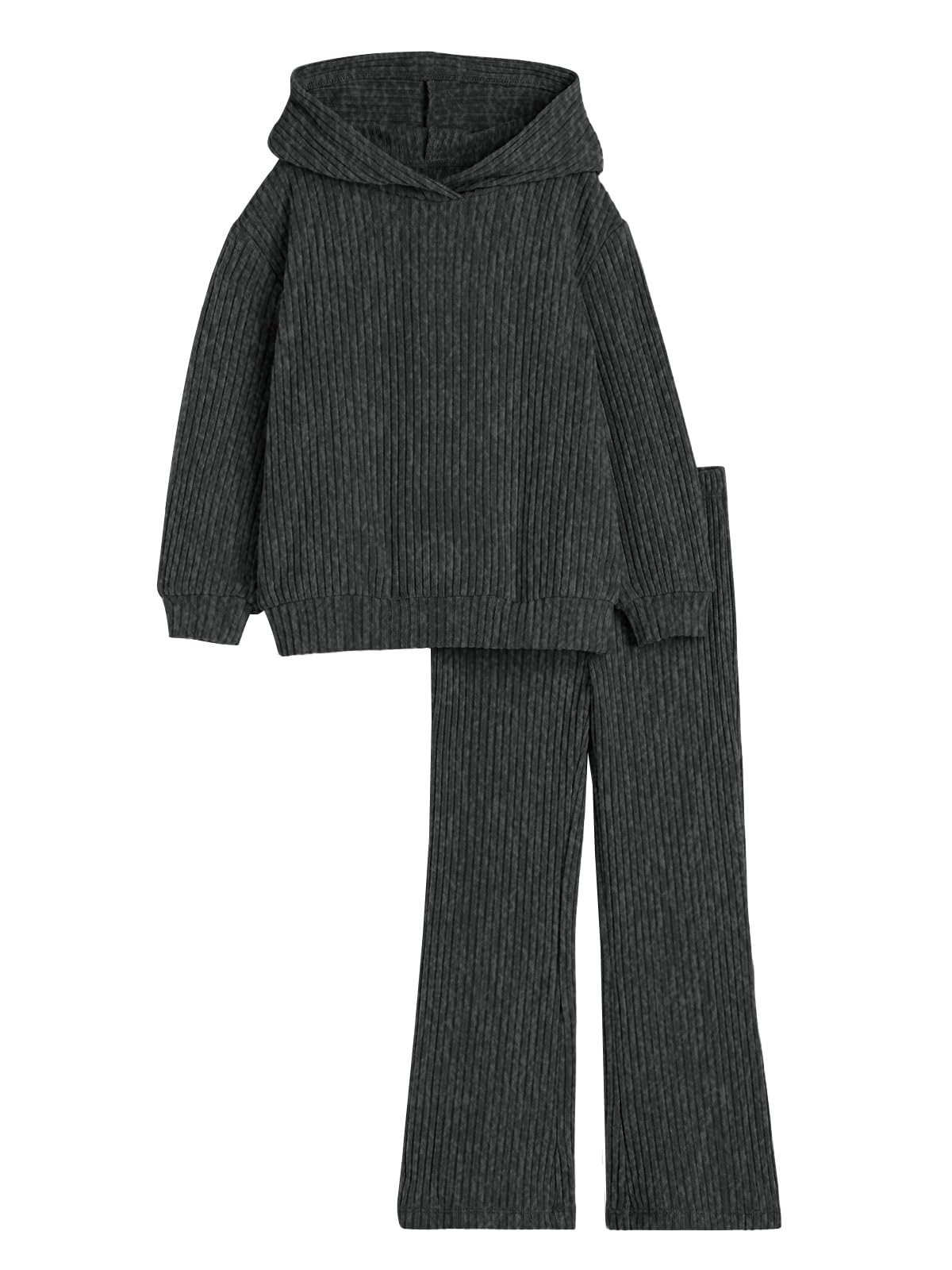 Haloumoning Girls 2 Pieces Outfits Ribbed Knit Hoodies Flare Pants Sweatshirts and Sweatpants Kids Tracksuits 4-14 Years