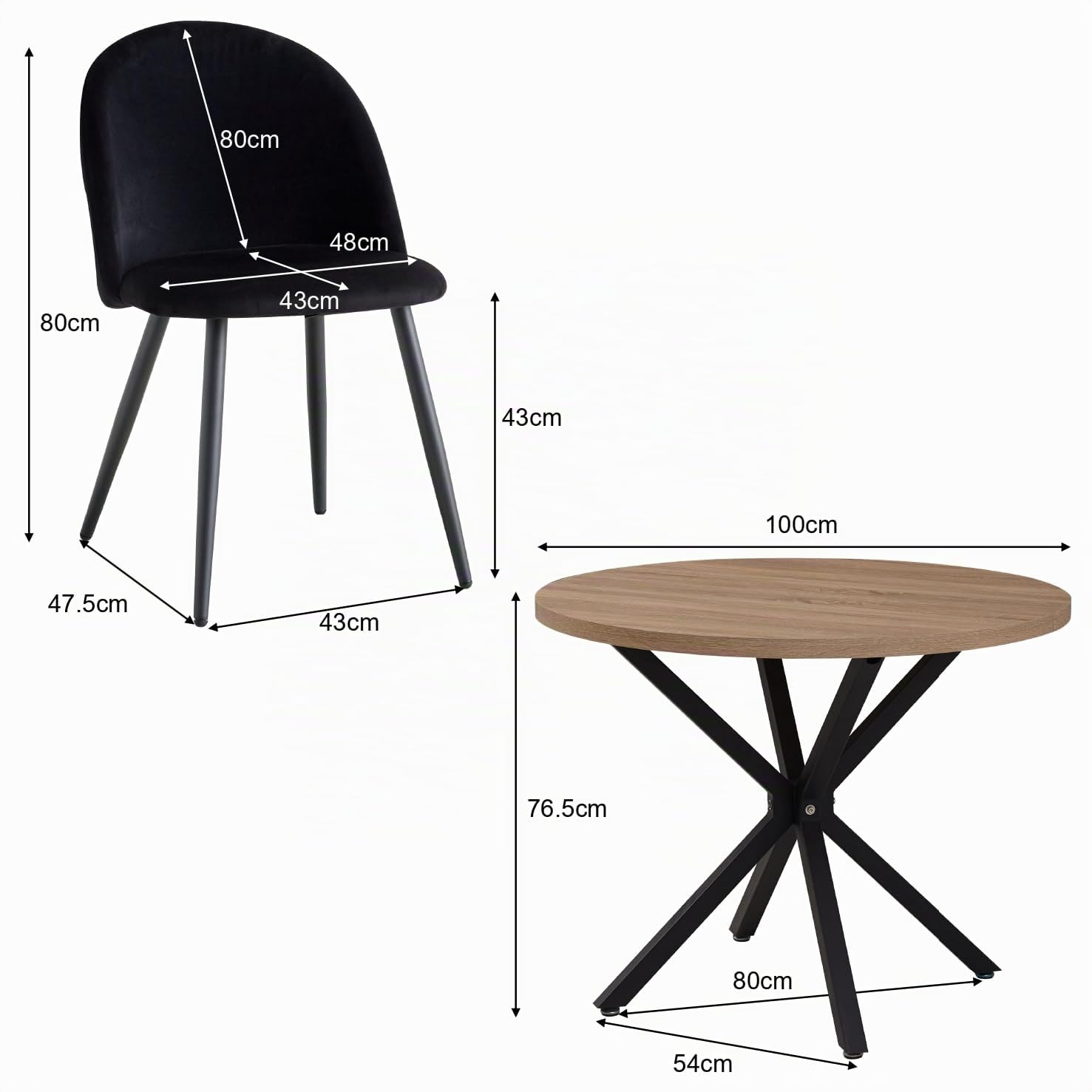 GrandCA HOME Conjunto de Mesa y Sillas de Comedor, Mesa Redonda de 100 cm y 4 Sillas de Terciopelo Nórdico, Ideal para Salón, Comedor y Cocina (Veta de Madera Clara + Negro)