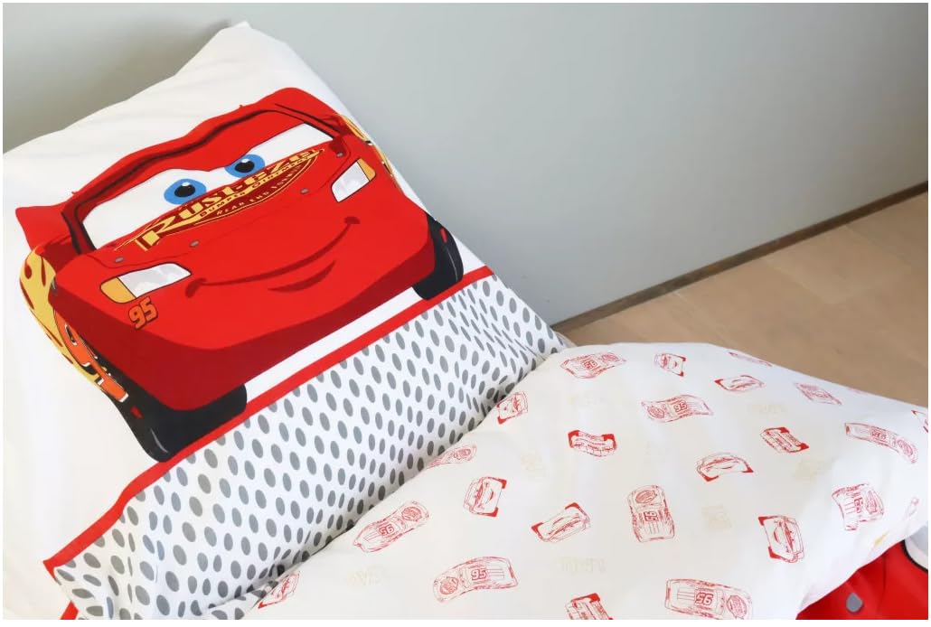 BrandMac Flash McQueen Voiture Ensemble de Literie Taille Lit Bébé | Housse de Couette 100x140 cm & Taie d'Oreiller 40x45 cm, 100% Coton | Ensemble de Literie Réversible Flash McQueen pour Garçons