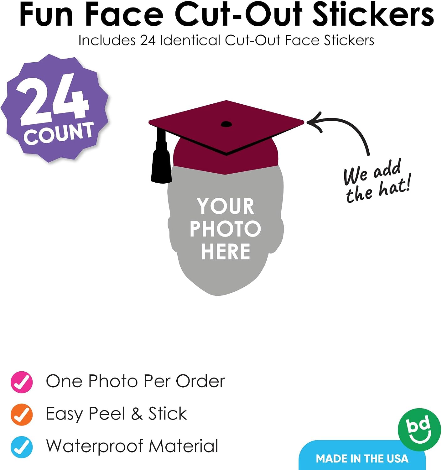 Big Dot of Happiness Custom Photo Maroon Grad Cap Stickers, Personalized Burgundy Graduation Party Favors, Fun Face Cut-Out Peel & Stick Decals, Set of 24