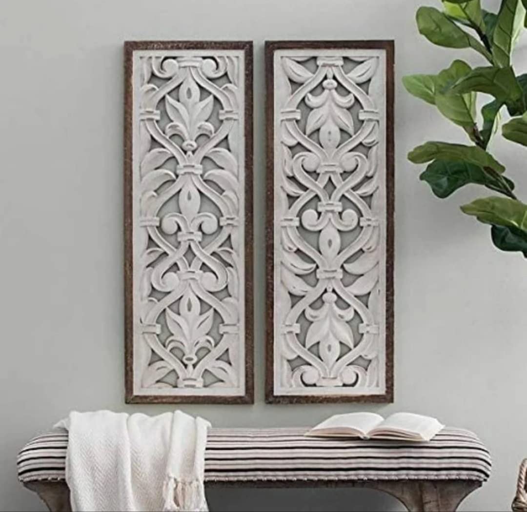 MODERN LIVING Decorative & Hand Crafted Wooden Flower Wall Panel Wall Plaque and Wall Hanging or Frame Each Panel Size (36"x12")(Brown/White)
