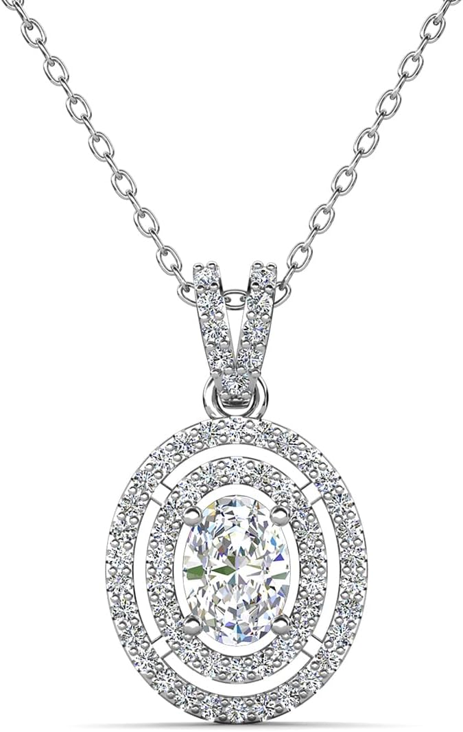 Zelda 18k White Gold Pendant Necklace, Cluster Solitaire Oval Cut Diamond Necklace, Beutiful Trendy Twilight Special Occasion Sparkle Necklace for Women Girls Fancy Round CZ