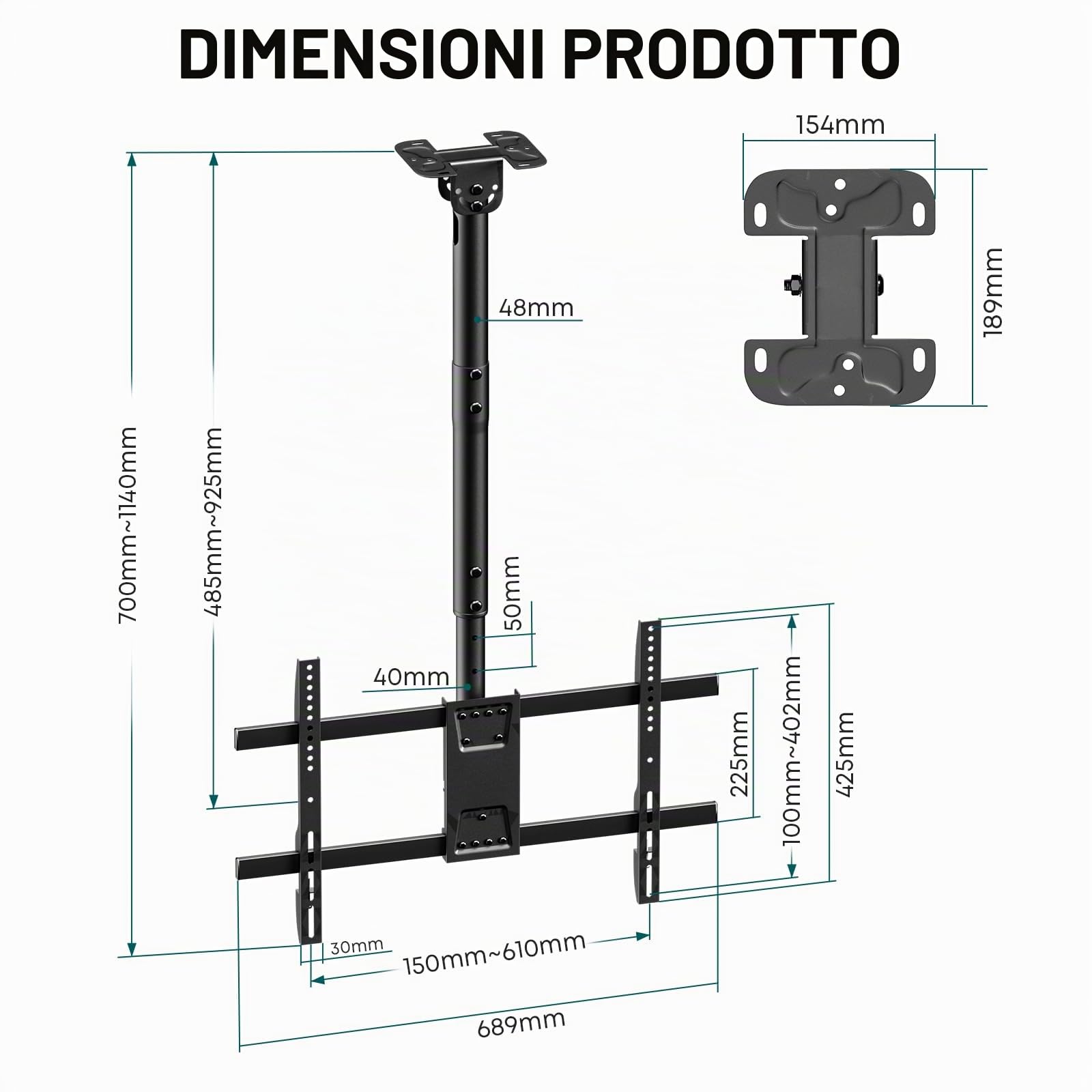 Supporto TV da soffitto, regolabile e inclinabile – Adatto per la maggior parte dei televisori da 43 a 86 pollici, supporto a soffitto Full-Motion, capace di sostenere fino a 60 kg, compatibile con VE