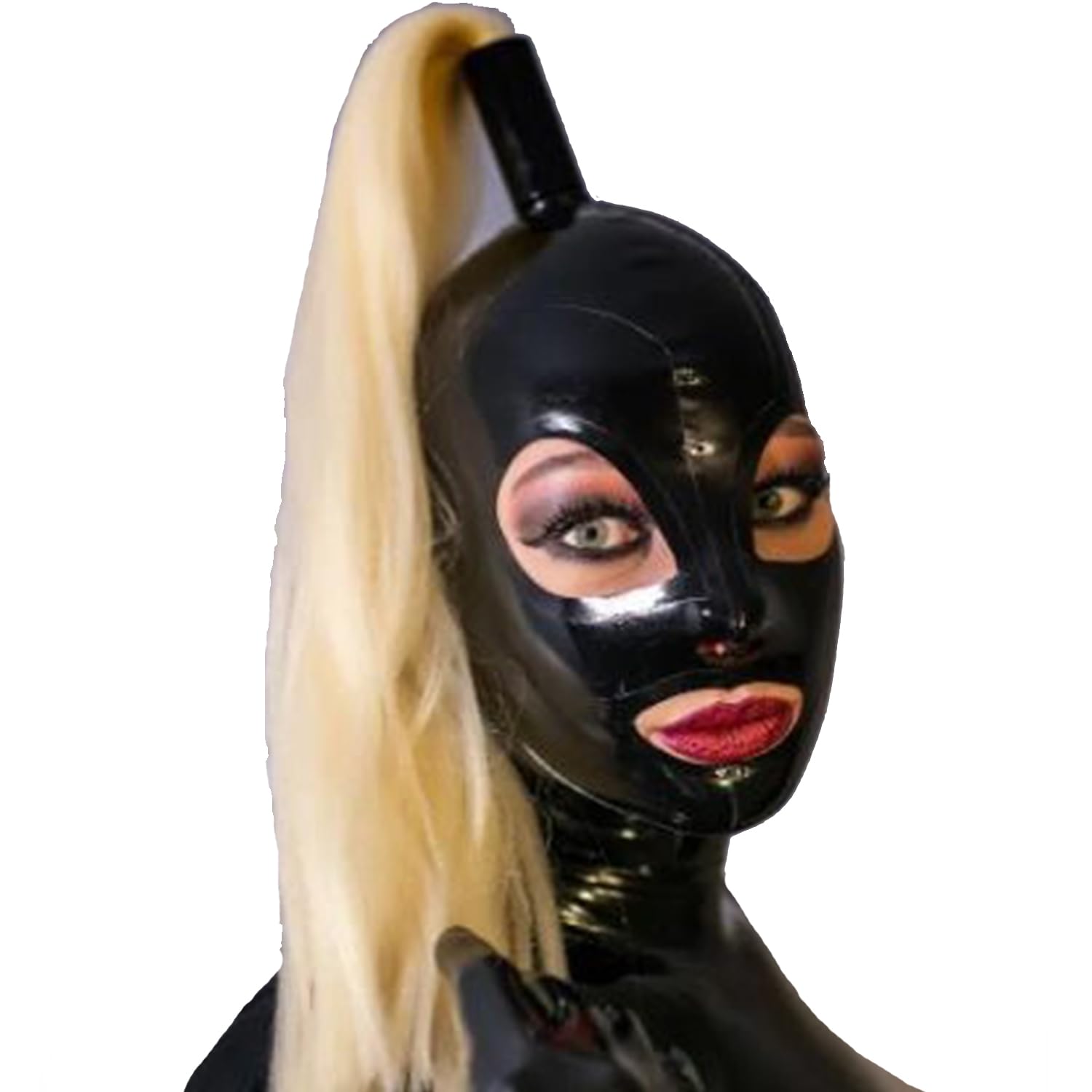 WXLPCGO Latex Hood Rubber Head Mask Open Eyes Mouth BDSM Fetish Halloween Handmade for Cosplay with Wig Ponytail(Size:XL-70CM)
