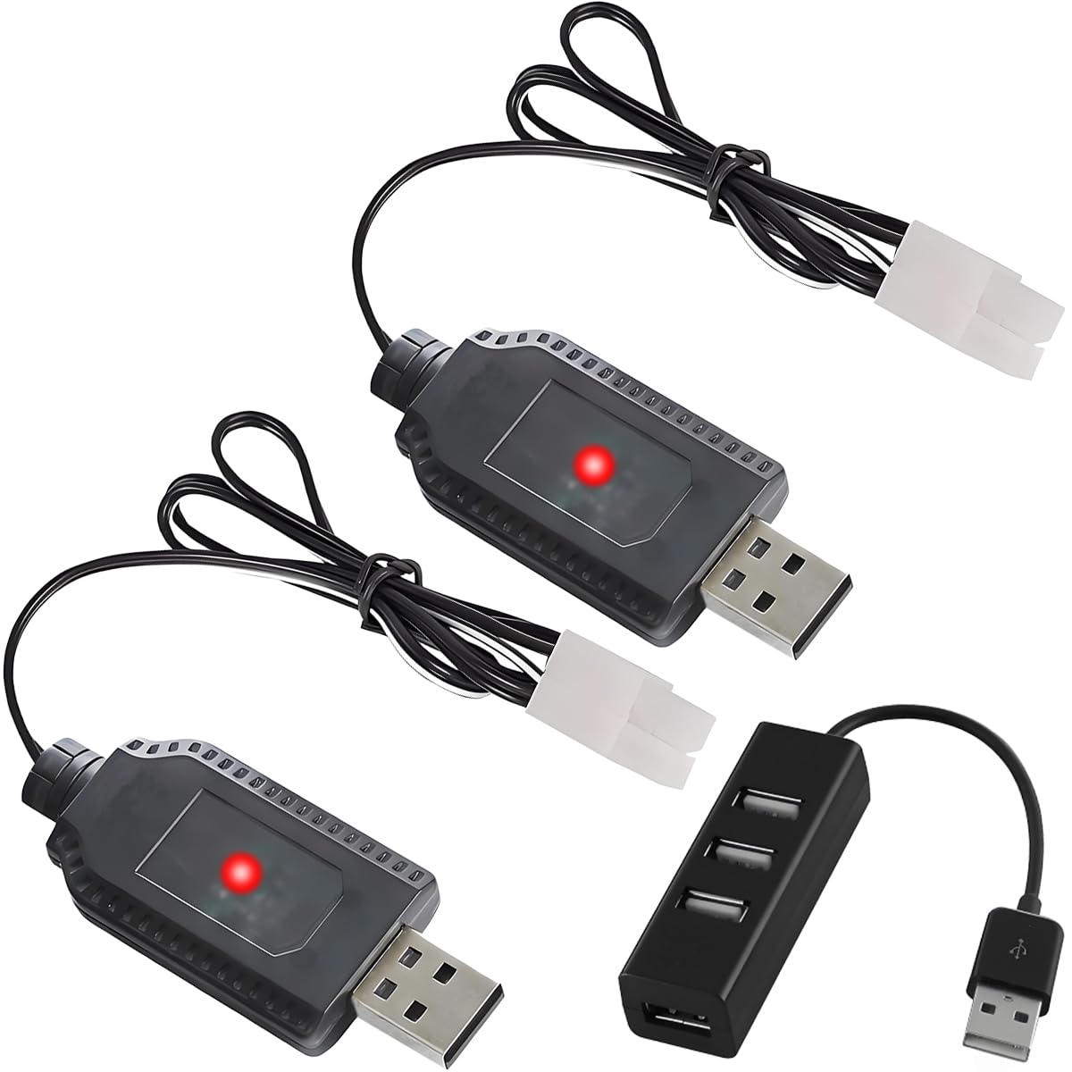ZHUROUPU 2Pcs 7.2V RC USB Battery Charger with Tamiya KET-2Pin Plug Connector for Nicd/Nimh Batteries, 250mA RC Car Drone Portable Charger Cable with LED Indicator, 4 Port USB 3.0 Hub Splitter
