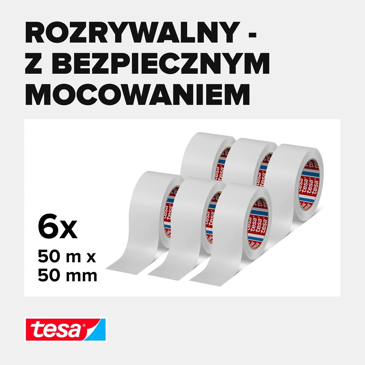tesa 04313-0004-00 tesapack 4313 papierowa taśma do pakowania paczek i kartonów w kolorze białym, 6 rolek po 50 m x 50 mm, 6 x 50 mm