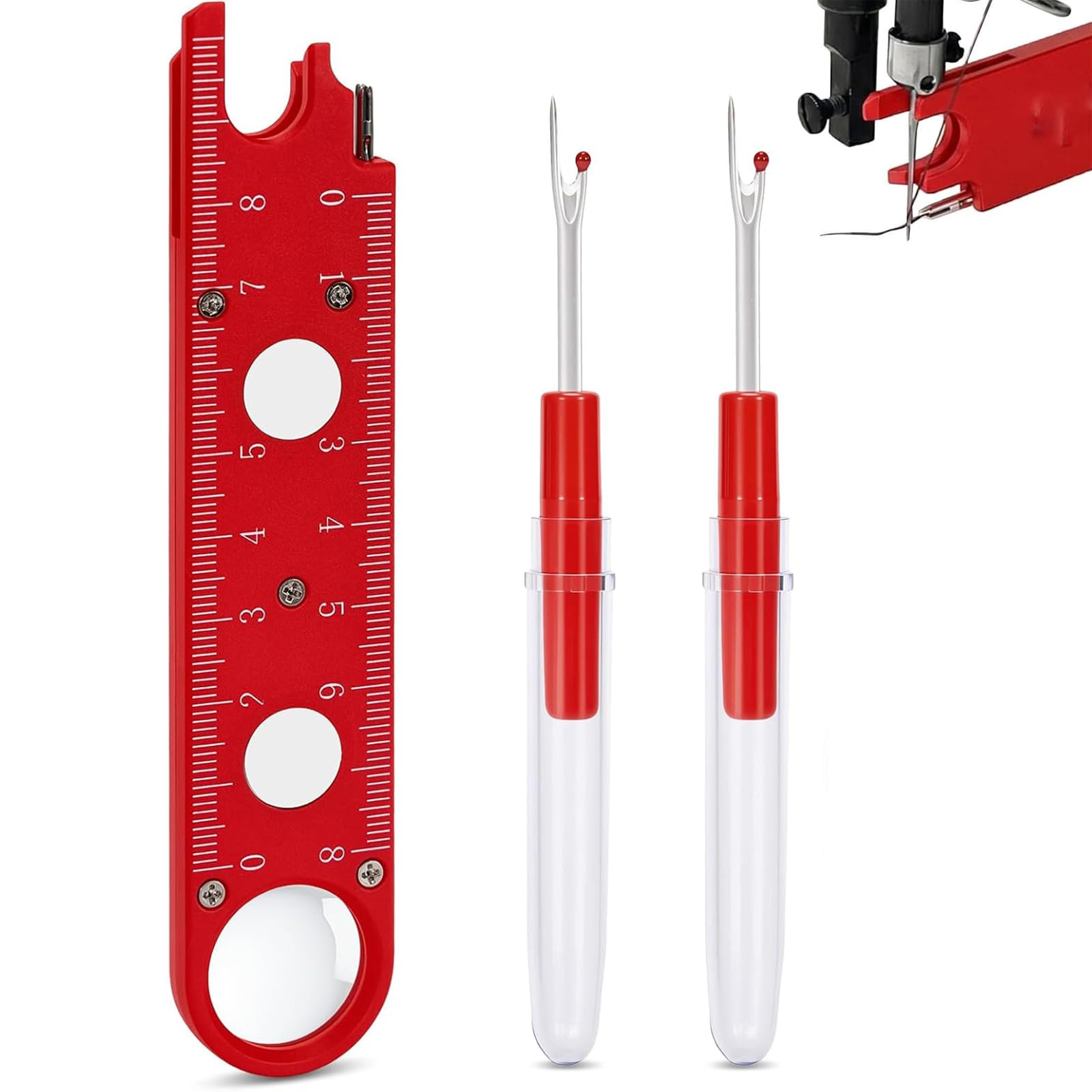 3 piece Set Sewing Machine Needle Threader, Multifunctional -Insertion Seam Guide,for Industrial Single Lockstitch(Red)