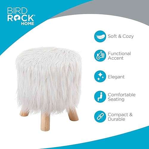 Miniatura 3 de BIRDROCK HOME Taburete otomano de piel sintética, silla de tocador tapizada con patas de madera natural, asiento acolchado suave y compacto para