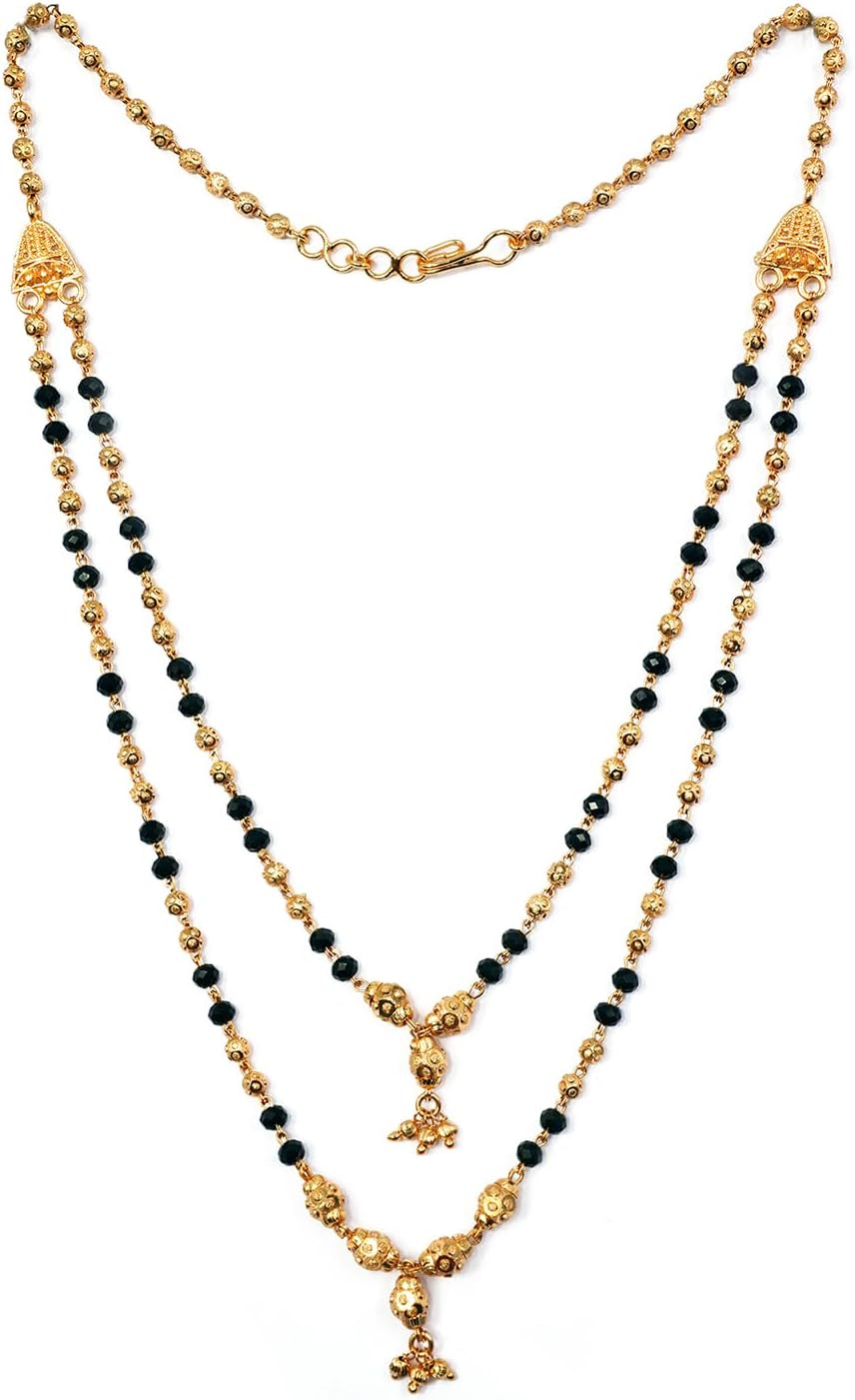 Gold Plated Bead and Black Bead Layer Mangalsutra Multi-String Necklace for Women, One Size, Brass, Cubic Zirconia