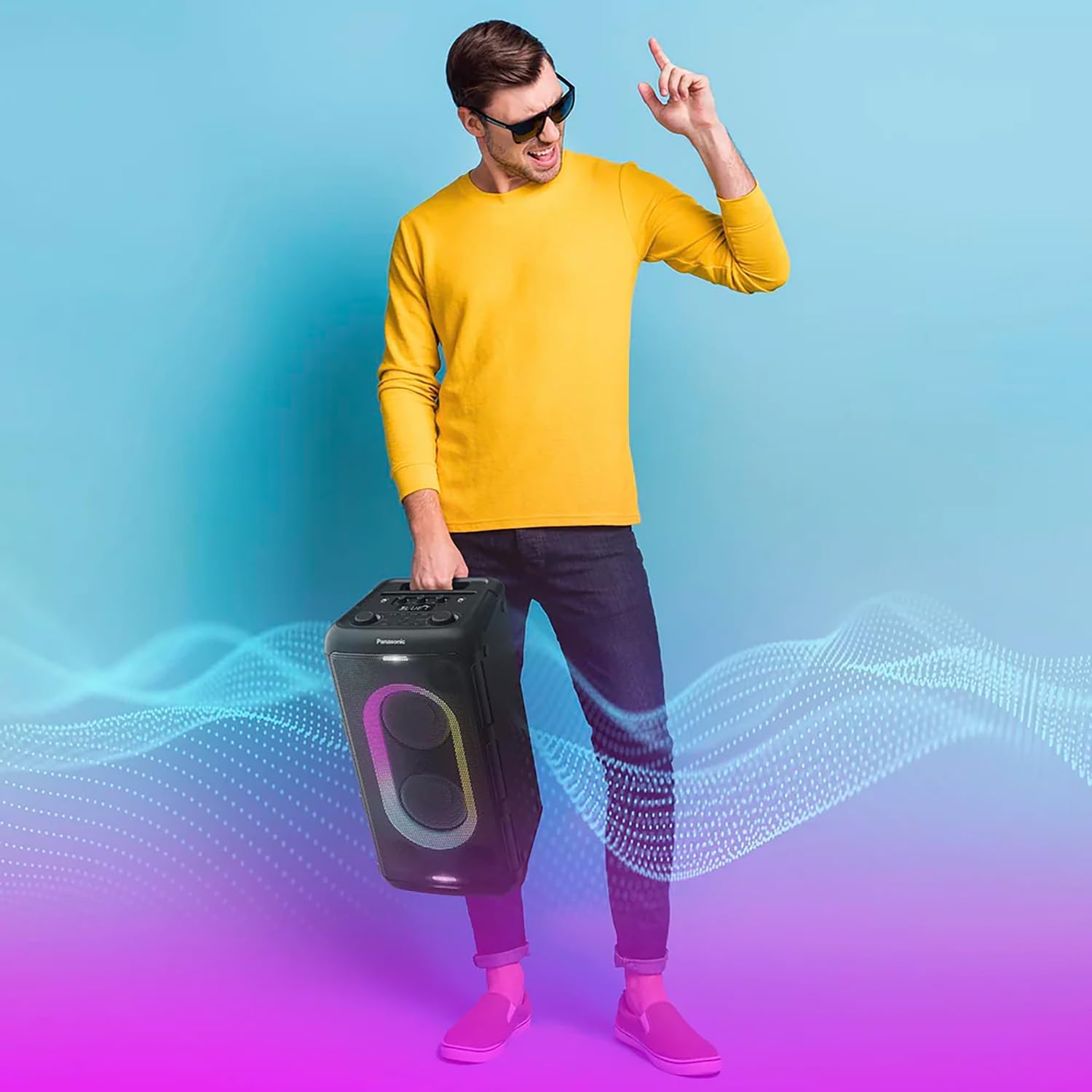 Panasonic BMAX Portable Speaker Bluetooth, 150W Bass Boost Long Battery Life, Wireless, 7 Light Colors & 12 Patterns w/Flash & Strobe Plug-in Guitar & Host Karaoke Party, SC-BMAX10