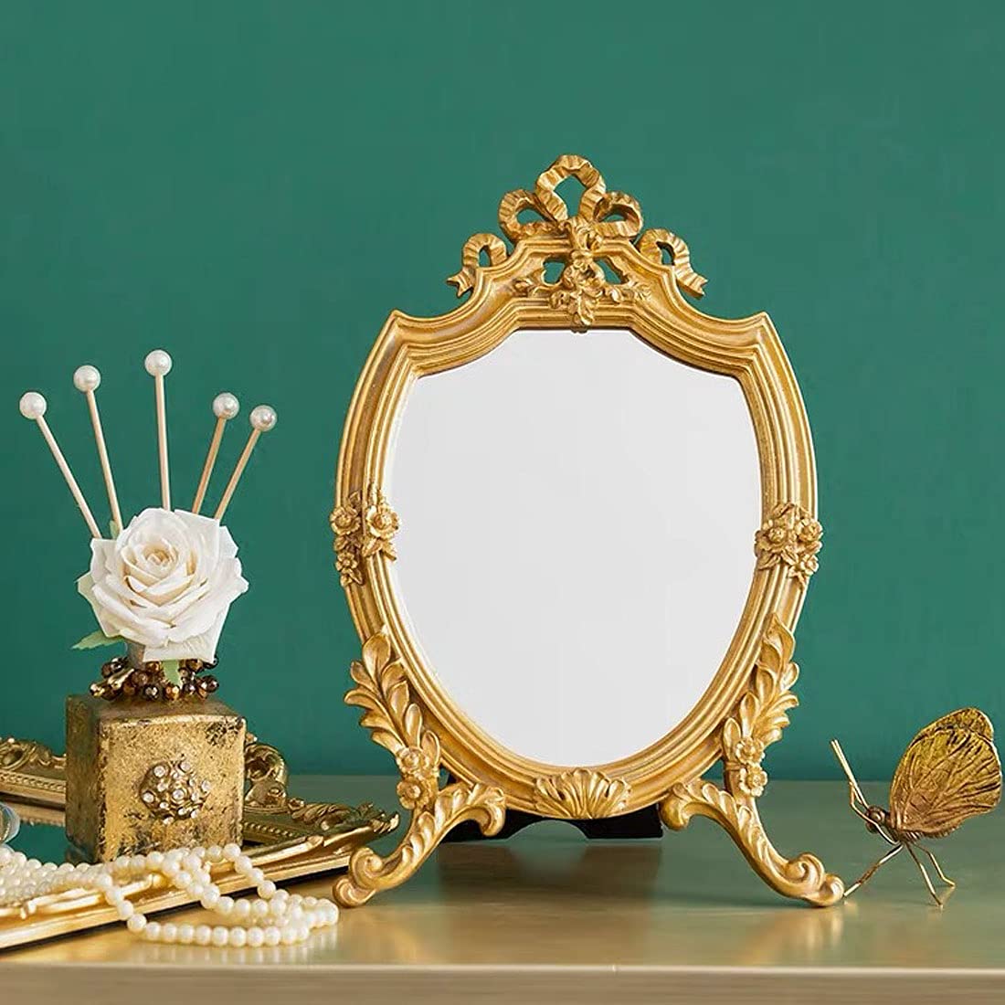 FUNYO Gold Vanity Mirror Desktop Makeup Mirror Simple Portable Mirror Round Mirror Bathroom Small Make Up Mirror Face Mirror on Stand Handheld Mirror Decorative Vintage Retro Tabletop Mirror