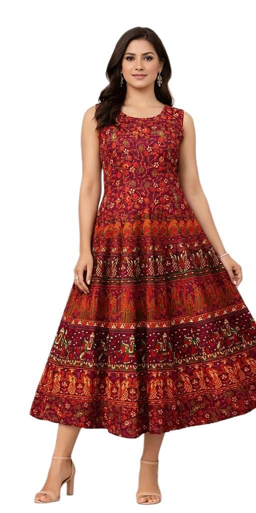 Women's Anarkali Cotton Dress, Red, Sleeveless, Ethnic Floral Print, Tiered Midi Dress-image-30