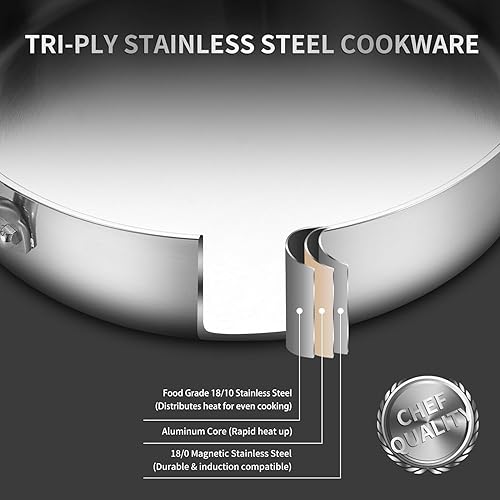 Miniatura 2 de Yeksum Sartén para Saltear, Sartén para Saltear de Acero Inoxidable de Tres Capas de 7 Cuartos, Sartén Profunda para Freír de 12 Pulgadas con Tapa,