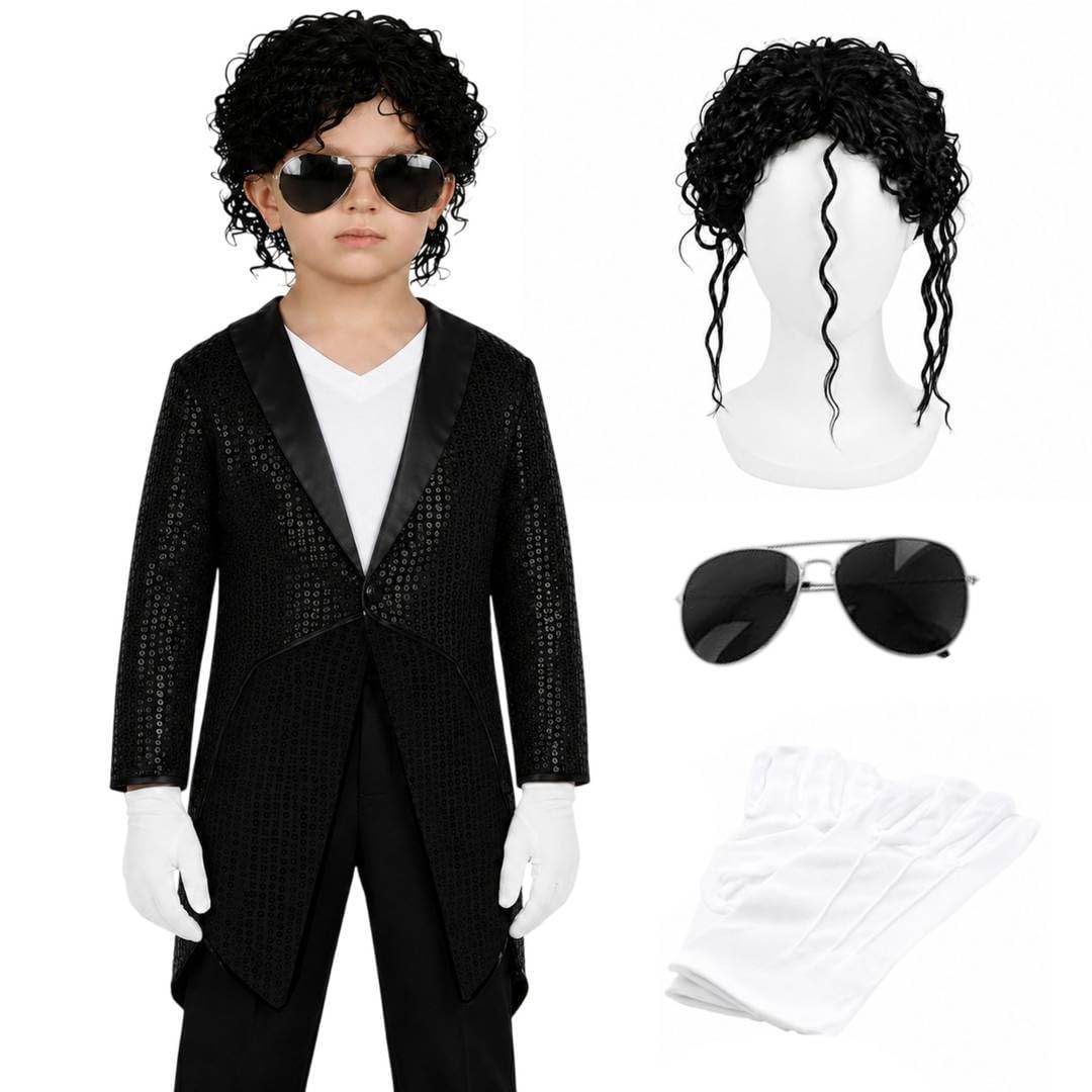 I LOVE FANCY DRESS Kids Black Sequin Tailcoat Pop Star Costume - XL - 4-Piece Set with Curly Wig, Aviator-Style Glasses & White Gloves - Boys & Girls Dance Show, World Book Day