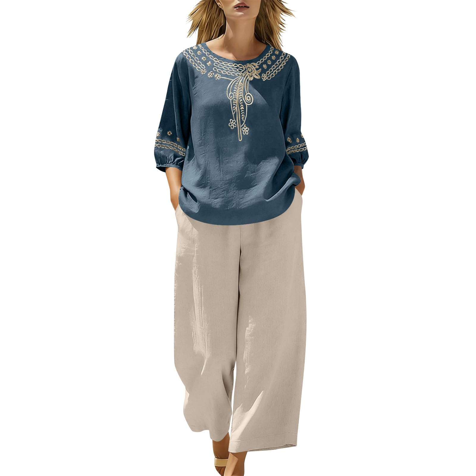 Ensemble Lin Femme 2 Pieces Chic Et Elegant Été,Ensemble Femme Pantalon Et Haut Fluide Broderie Deux Pièces Survetement Manches Courtes Bohème Outfit Set Léger Décontracté De Plage