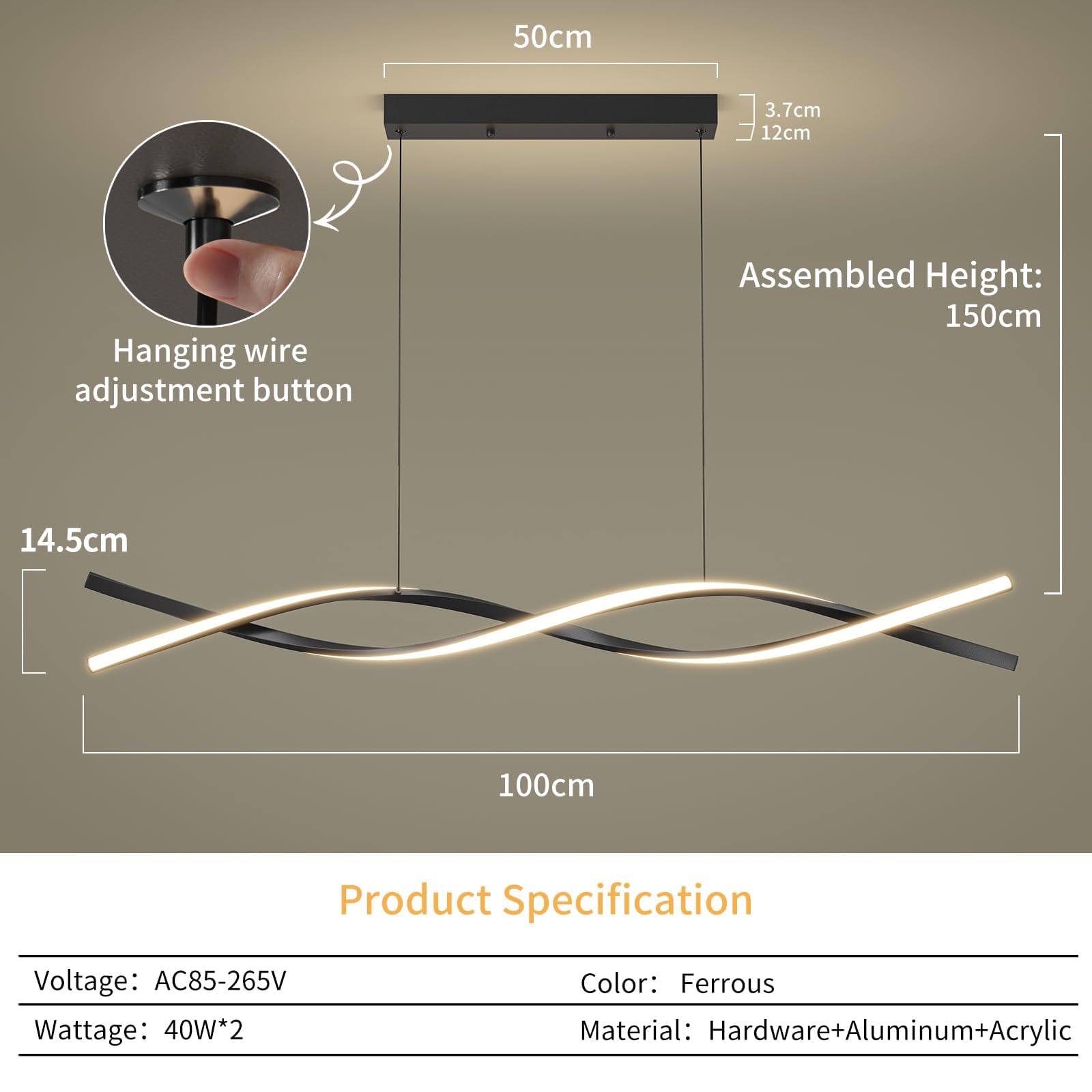 Mikeru 100CM Wave Pendant Light, 10%-100% Dimmable, Remote Control for 3 Colors Light 3000K/4500K/6000K - Image 4