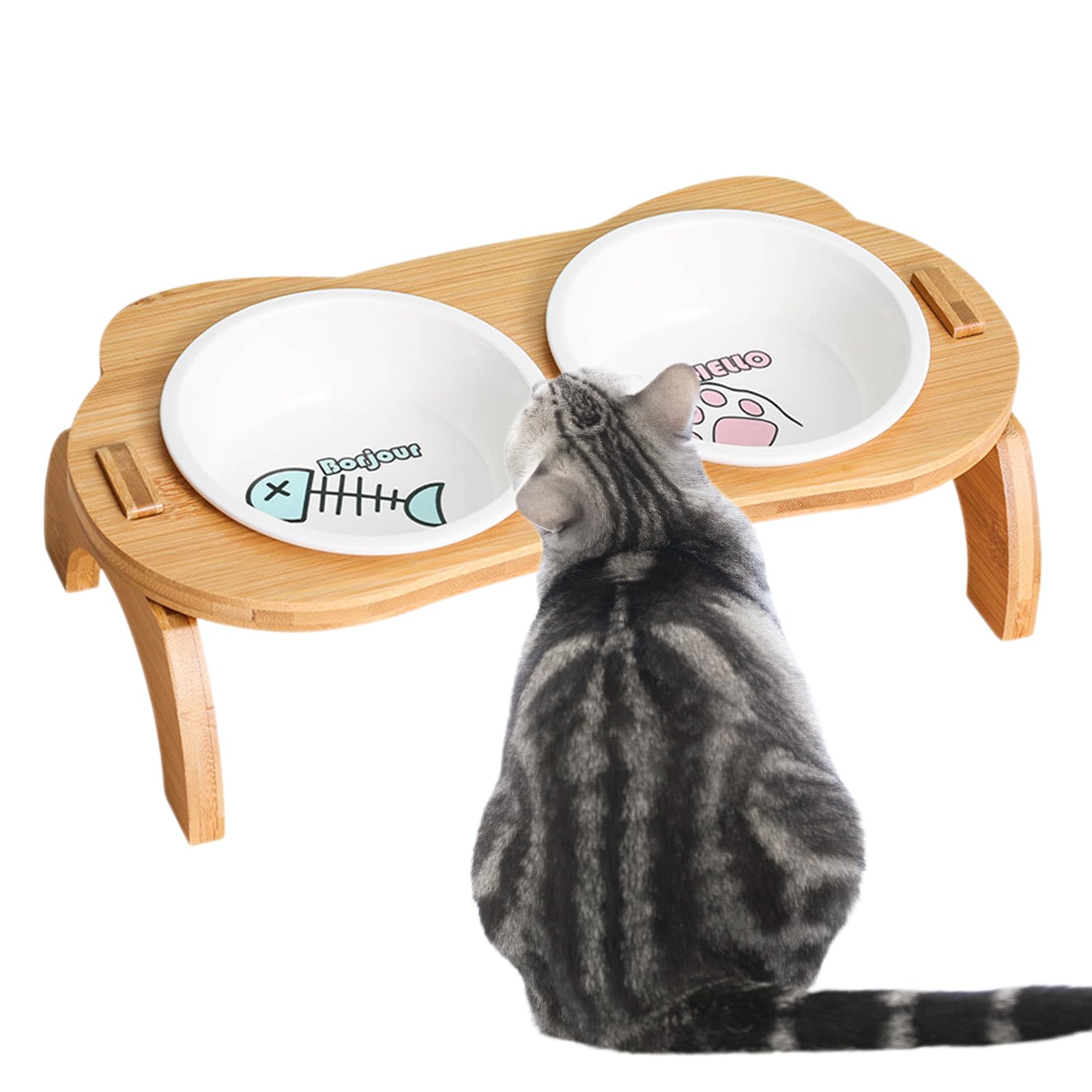 Comedero Gato Elevado,Smavles Cuencos con una inclinación de 15 º para Agua y Comida en Soporte de Madera Cuenco Cerámico del Gato para Gatos y alimentación de Agua