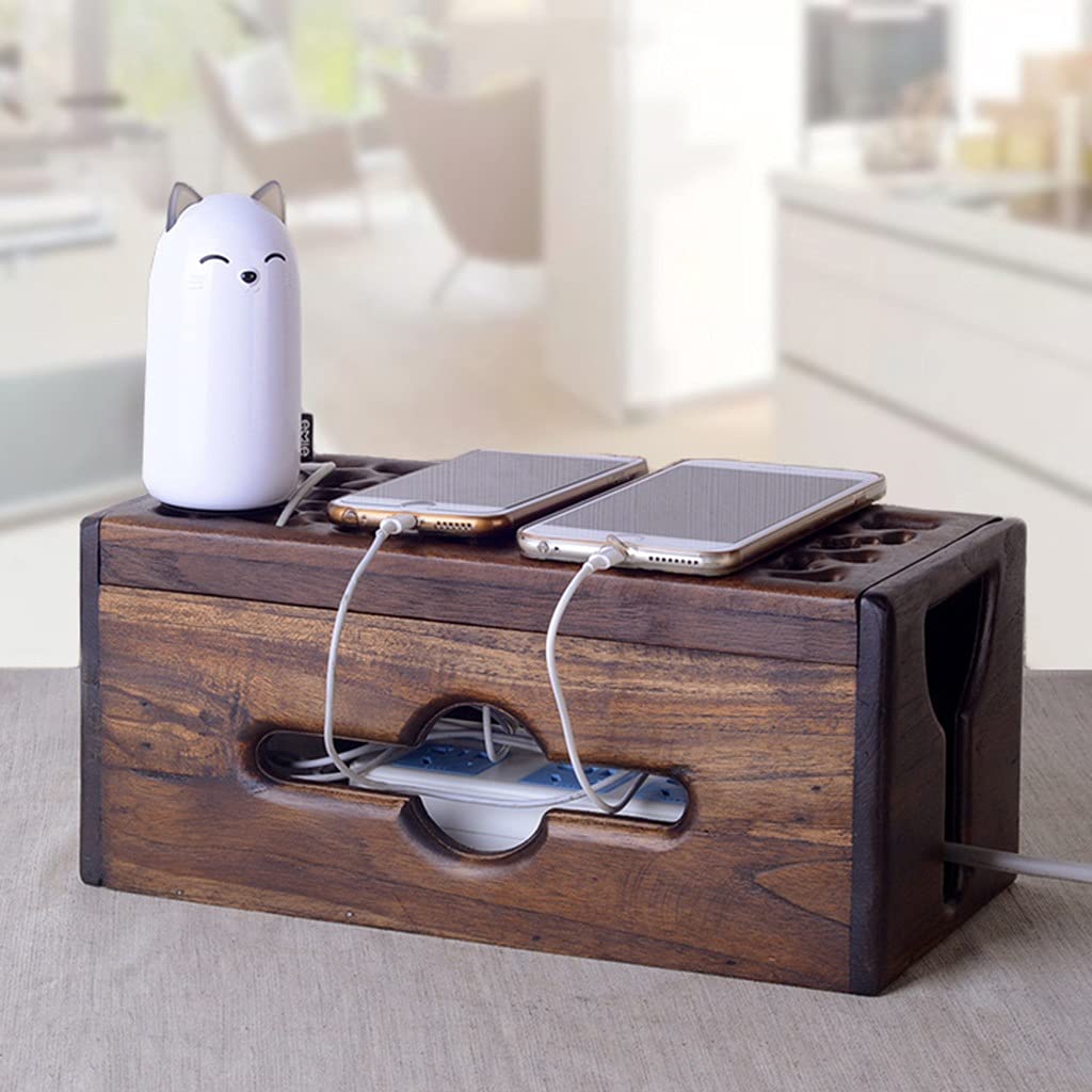 Kabelbox aus Holz Teakholz-Kabel-Organizer, Kabel-Management-Box, Braun, 29,5 x 15 x 13 cm