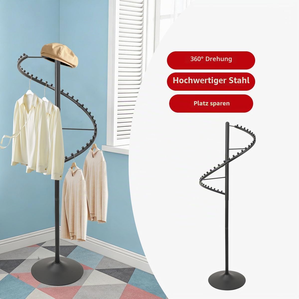 360° Drehbar Kleiderständer,180cm Spiral-Kleiderständer Freistehender Kleiderstange Metall Standkleiderstände, Multifunktional Garderobenständer für Schlafzimmer, Wohnzimmer, Geschäfte, Schwarz