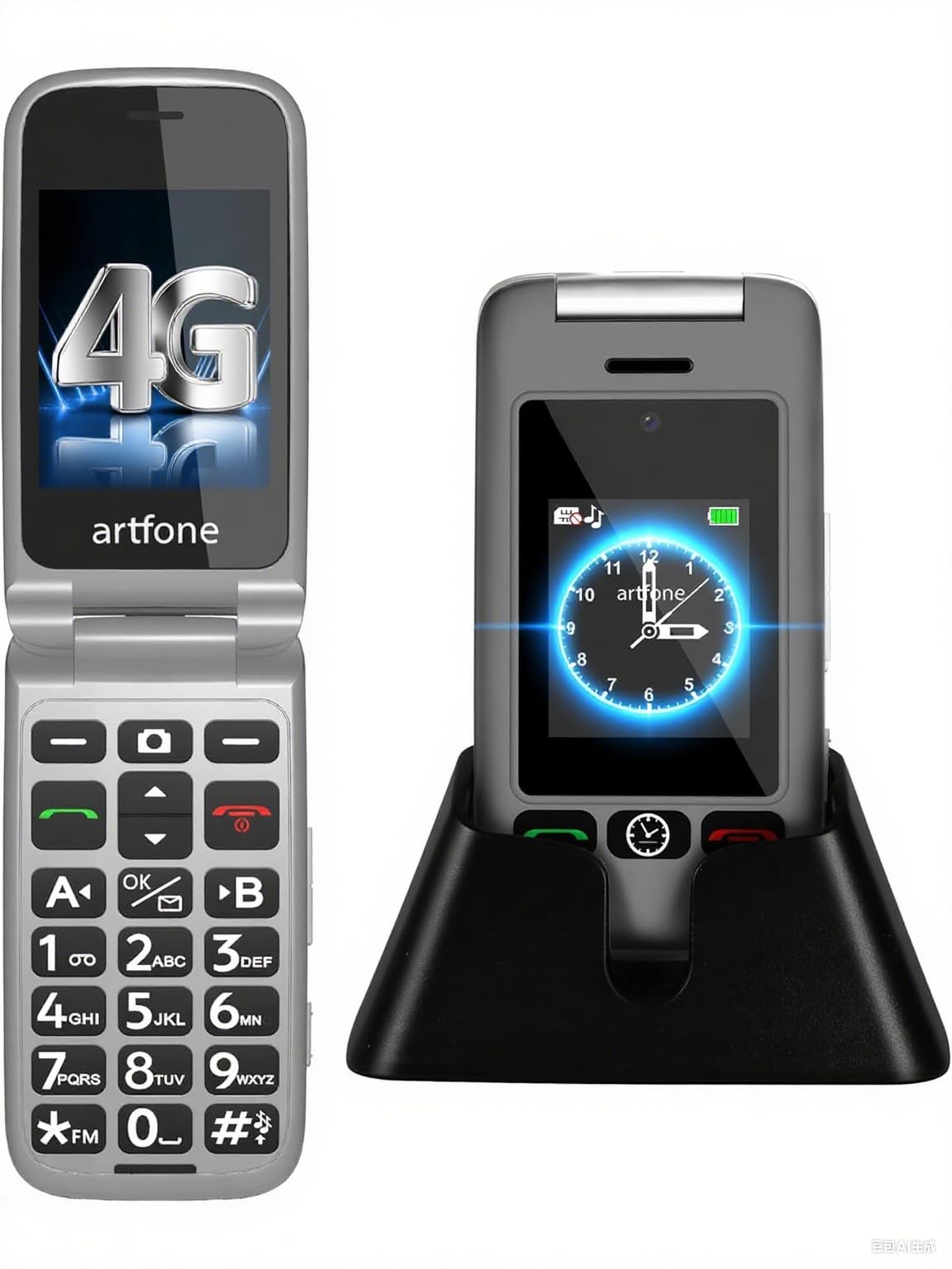 artfone G6 Pro 4G Telefono Cellulare per Anziani丨Flip Telefoni Cellulari con Tasti Grandi丨2.4+1.77" Doppia Display丨Funzione SOS丨Volume Alto丨Batteria da 1300 mAh丨Chiamata Rapida丨Base di Ricarica-Grigio