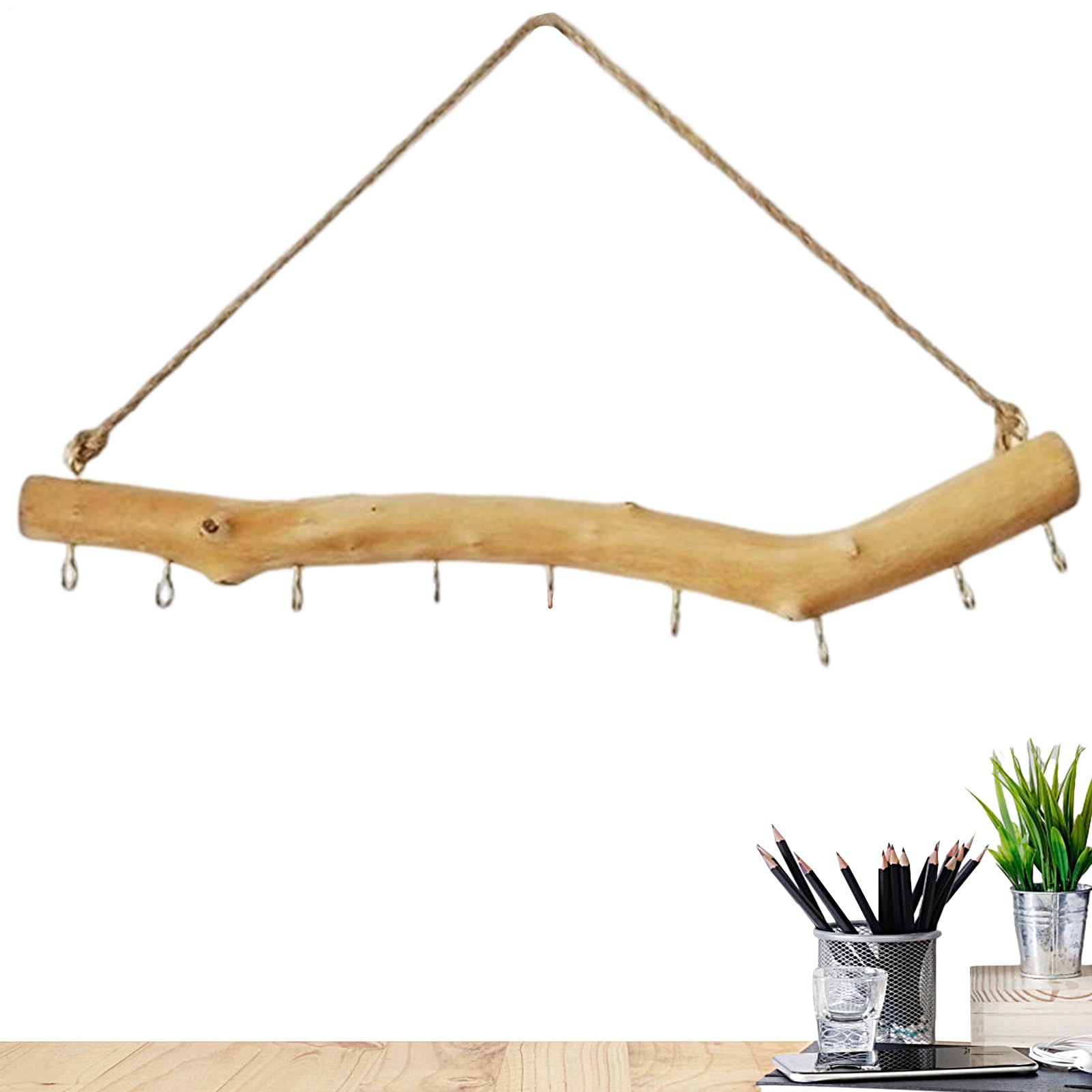 Natural Driftwood Wall, Hanging with Hooks, Headphone Wall Hook, Rustic Wooden Branch Hanger for Jewelry Storage, Hats, Scarves, Headphones, Home Entryway Bedroom Decor, Brown