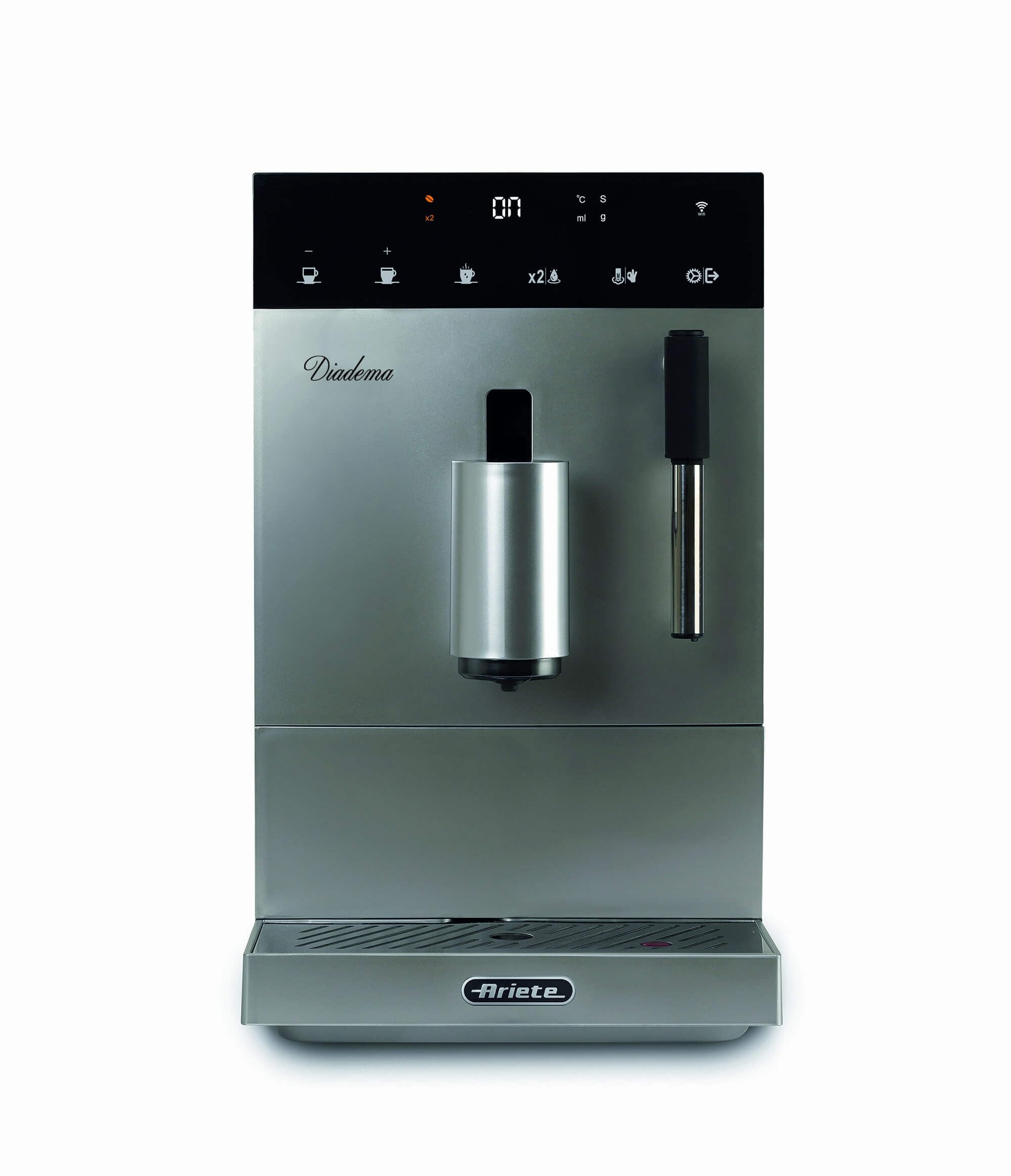 Ariete 1452 Diadema, Macchina da caffè automatica, 1350W, 19 bar di pressione, Per caffè, americano e acqua calda, Dispositivo Cappuccino, Display LED, Erogatore Regolabile, Silver