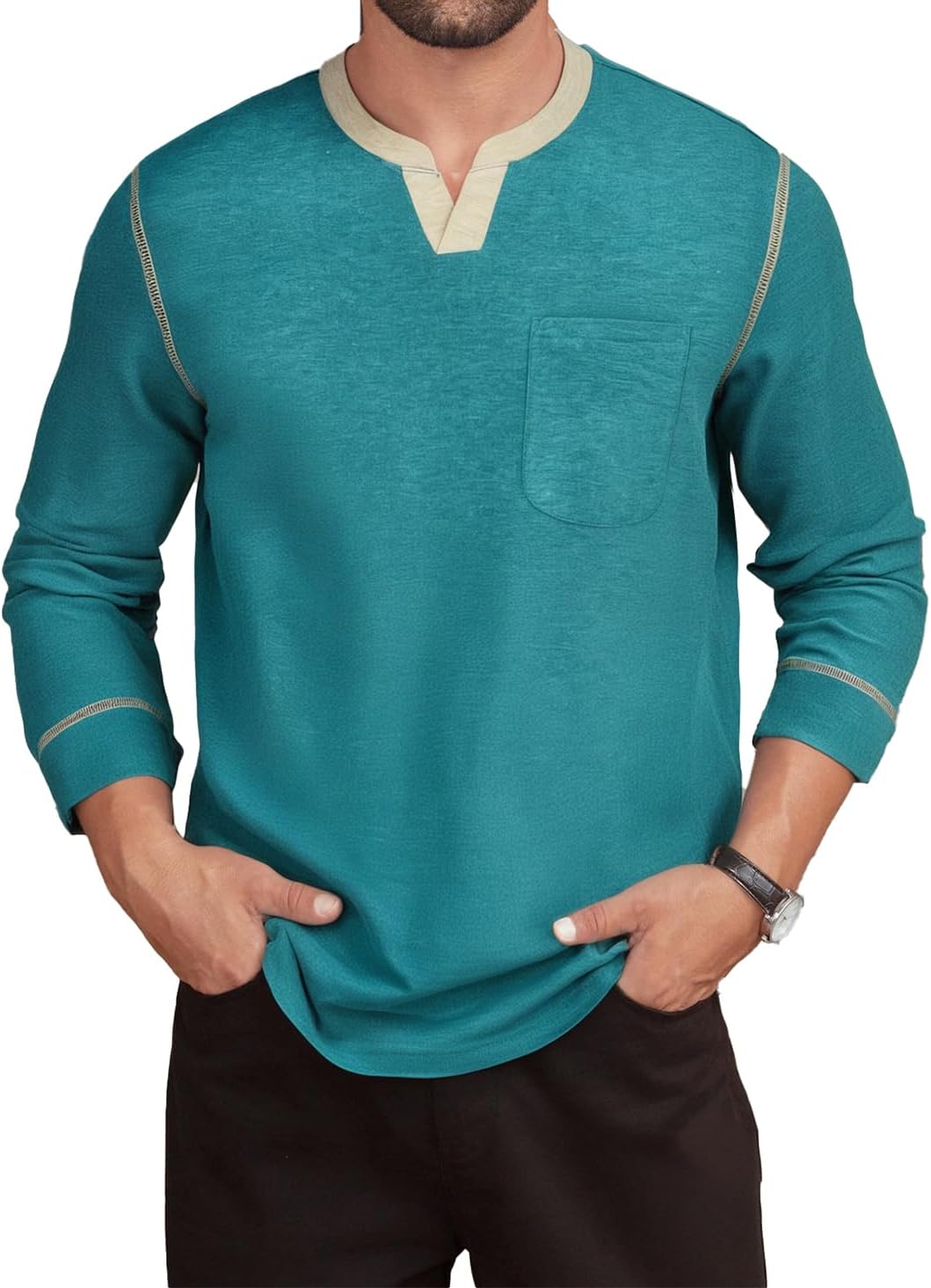 Men's Casual V Neck Long Sleeve Tees Henley T-Shirt Comfortable Pullover Tops with Pocket