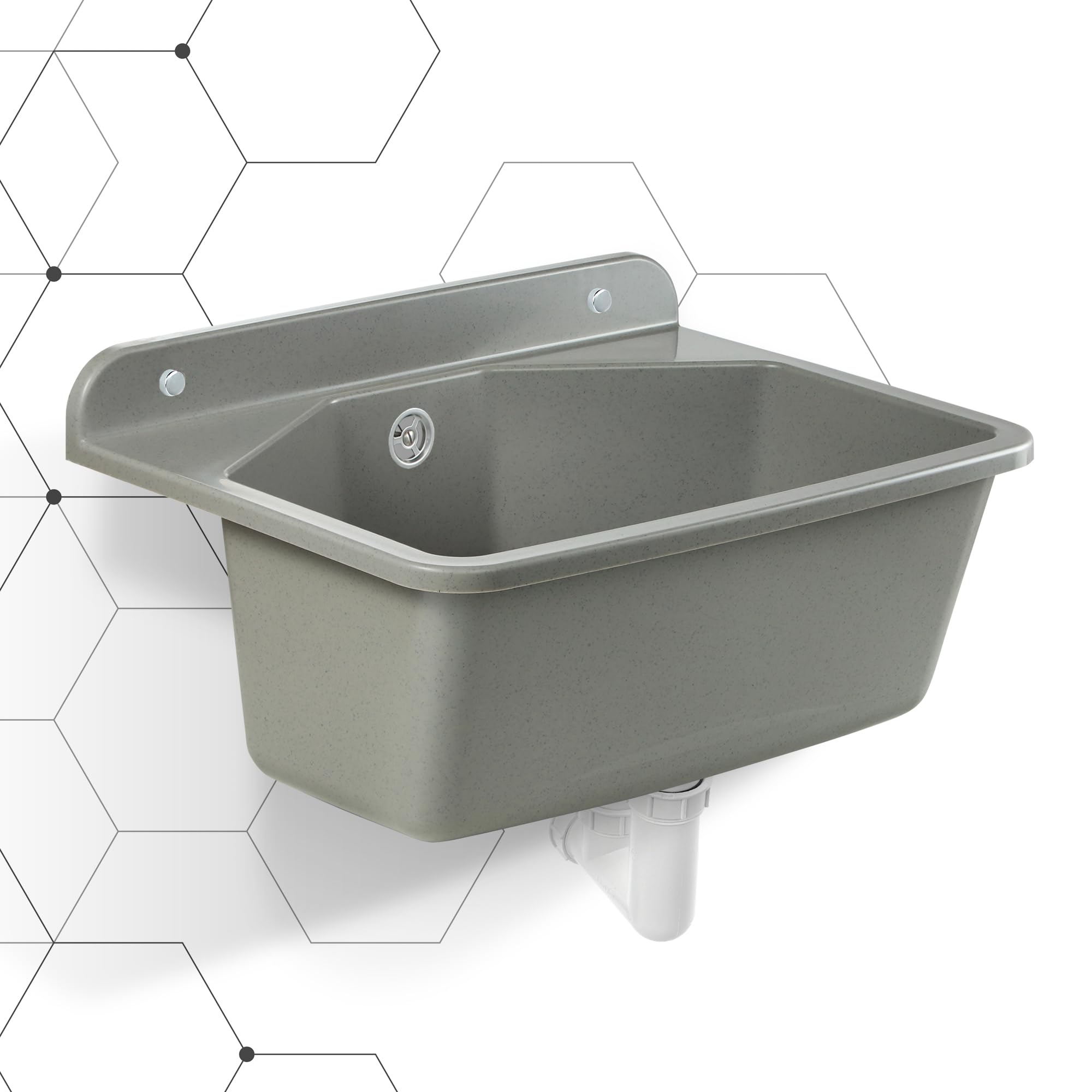 KADAX Bassin utilitaire gospo avec siphon, 46 x 37 x 20 cm, lavabo en plastique, pour lavage garage, sous-sol, buanderie, atelier, fixation murale, évier plat, accessoires inclus (gris)
