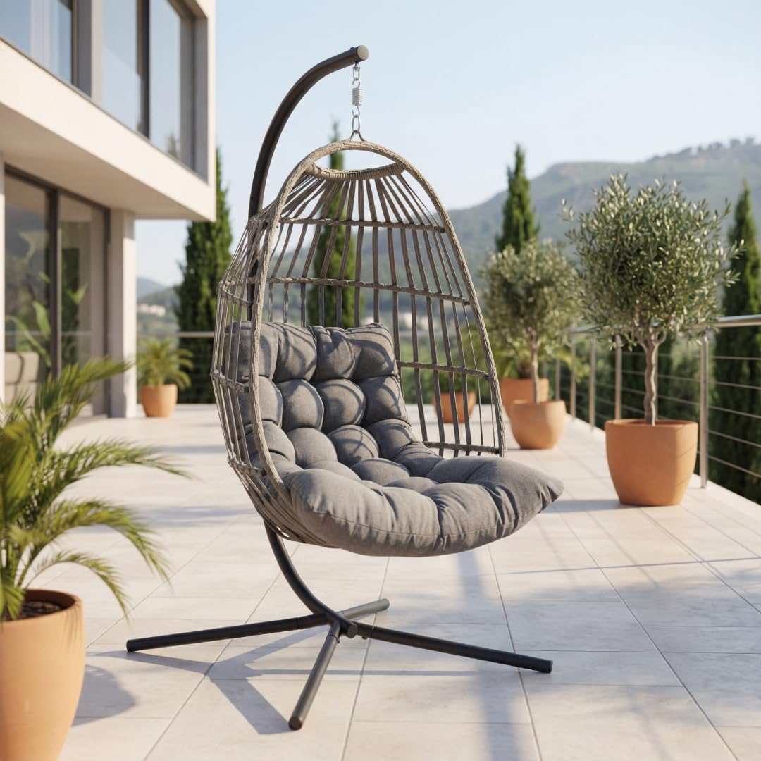 Der Hängekorb - Hängesessel mit Gestell, wetterfest inkl. Polster – Rattan Hängeschaukel für Garten & Indoor, Outdoor Schaukelsessel in Anthrazit