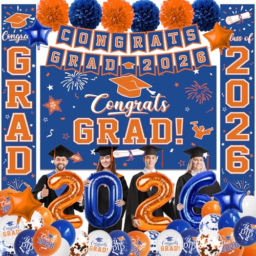 Orange and Blue Graduation Decorations 2026 Class of 2026 Graduation Decorations with Congrats Grad Backdrop Photo Banner Porch Sign Balloons Foil Number 2026 for College graduation Party