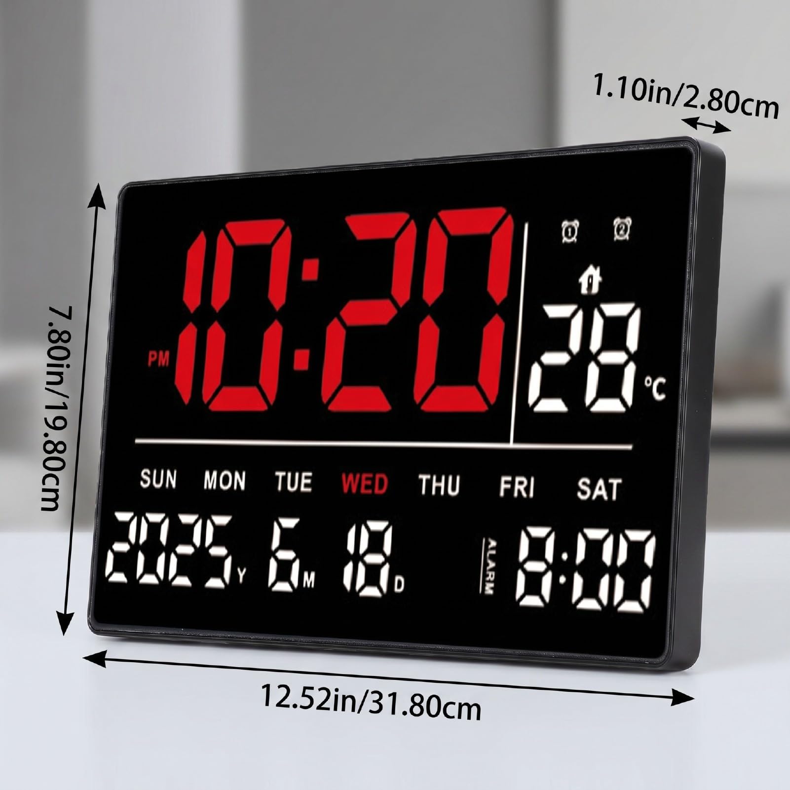 Brrnoo Orologio da Parete Digitale LED, Sveglia con Display Rosso Bianco Ora Data Temperatura Calendario Luminosità Regolabile for Casa Ufficio Scrivania