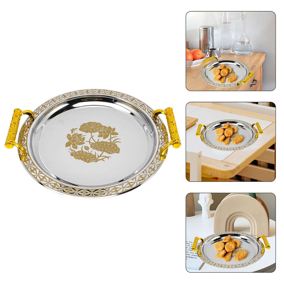 Healeved Rundes Serviertablett mit Goldenem Blumenmuster Multifunktionaler Obst und Snackteller aus Edelstahl und Kunststoff 335cm für Haushalt und Tischdekoration