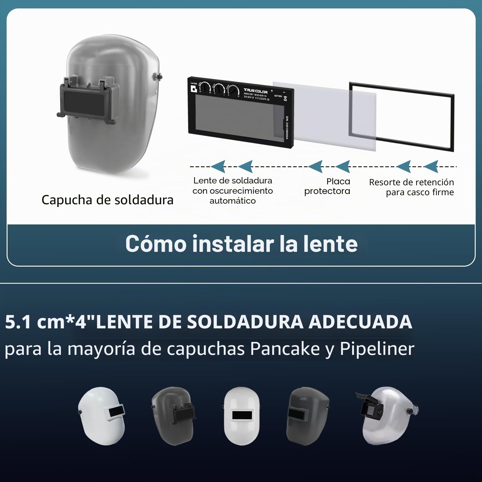 【Tono 5-13】 Lente de soldadura ajustable de oscurecimiento automático de 2 x 4 1/4, lente de soldadura de energía solar, lente de soldadura azul de color verdadero, lente de soldadura de repuesto para