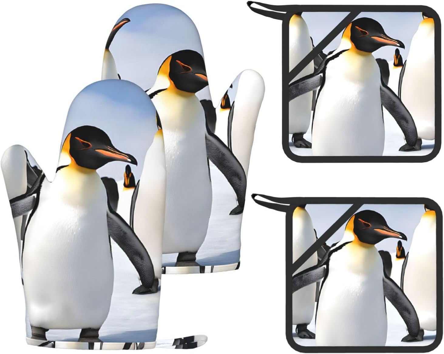 Penguin 4pcs Oven Mitts and Pot Holders Sets for Kitchen, Silicone Oven Gloves Non-Slip Potholders Hot Pads for Baking Cooking