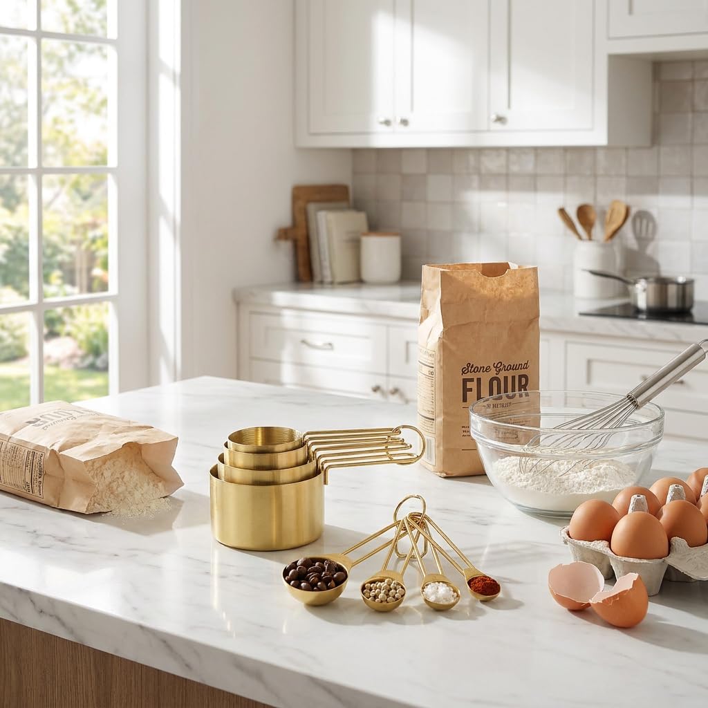 Measuring Cups and Spoons Set, 8-Piece Professional Stainless Steel Measuring Cups and Measuring Spoons Set with Luxurious Gold Finish, Heavy-Duty Metal Measuring Cups for Baking