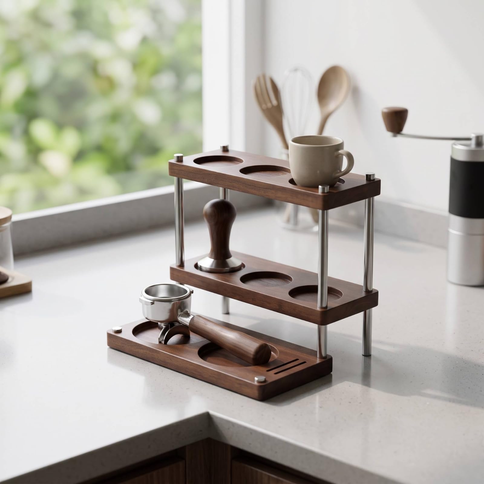 Colcolo Portacaffè in Legno E Struttura in Acciaio Inossidabile Espositore a Più Livelli con Supporti Antiscivolo per Utensili Adatto per Angolo Colazione E , 24 26 22cm , style to 3