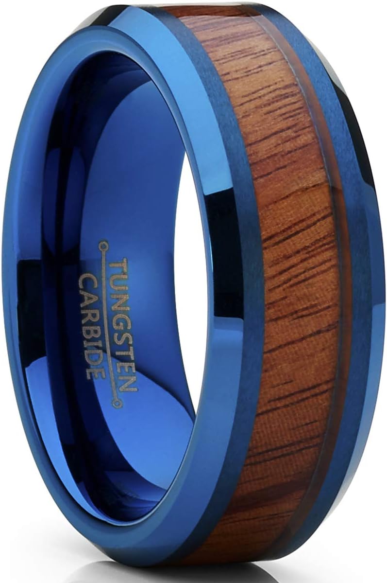 Metal Masters Tungsten Carbide Men's Blue Brushed Wedding Band Engagement Ring with Real Santos Wood Inlay, Comfort Fit 8mm