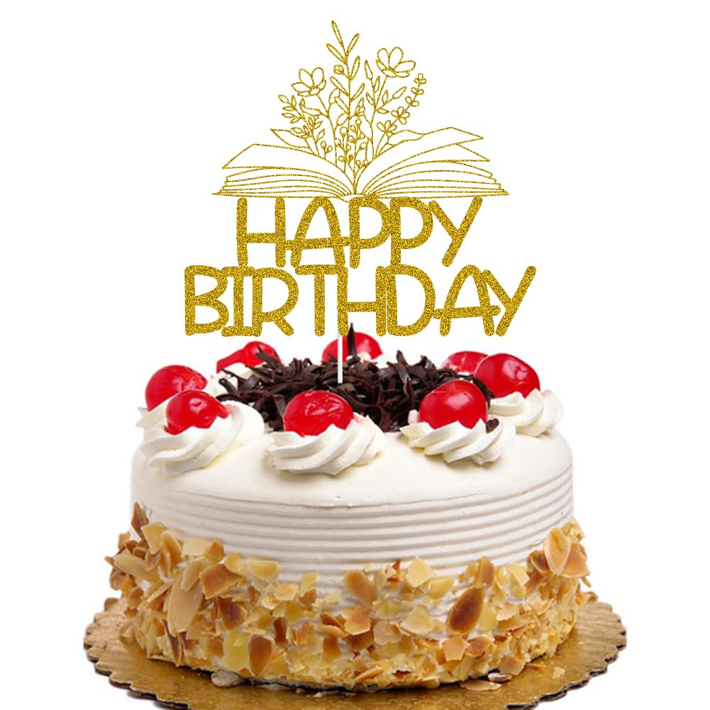 QXQXBA Reading Happy Birthday Cake Toppers Book Club Birthday Party Decorations Book Lovers Cake Decors Gold Glitter