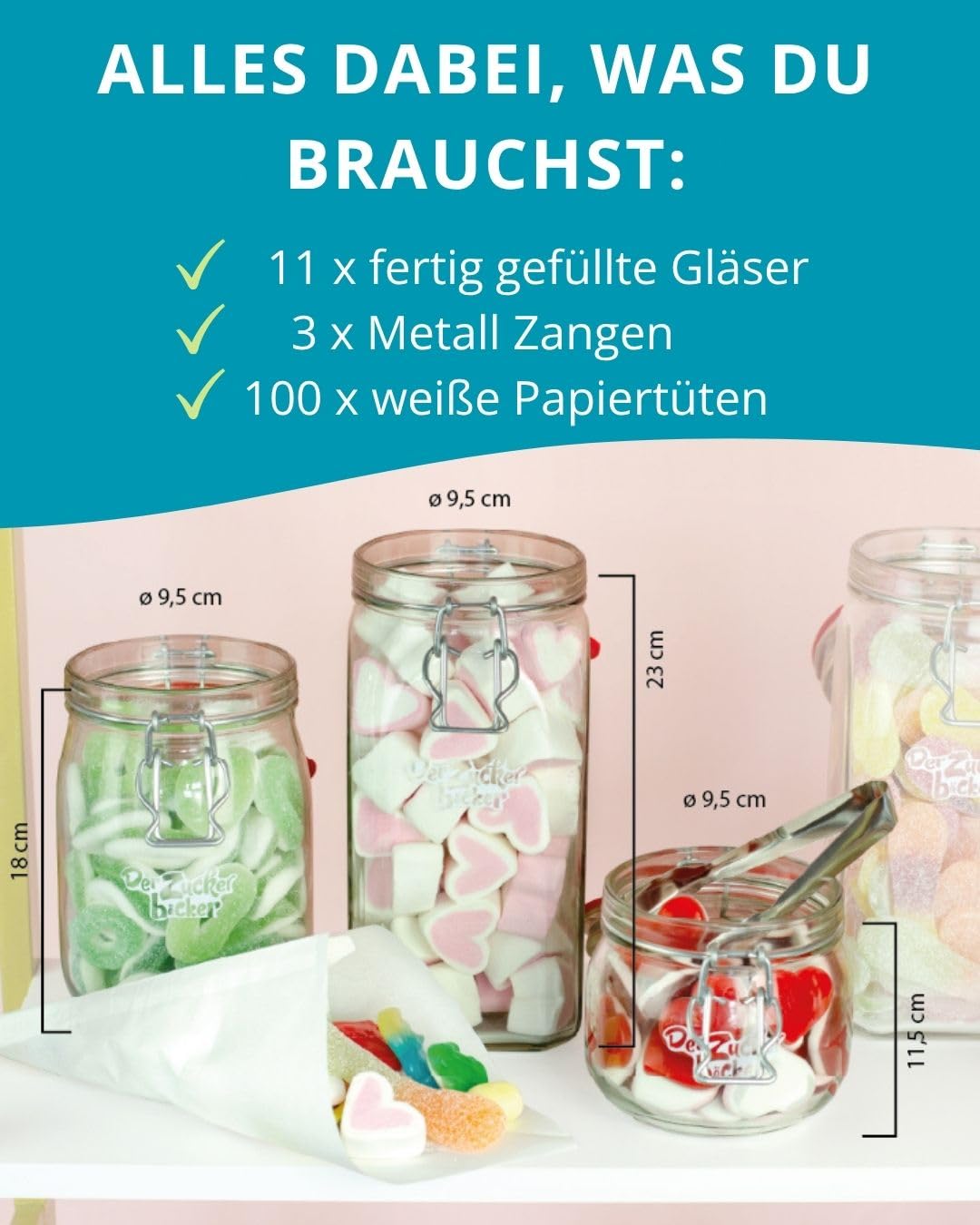 Der Zuckerbäcker Fertige Candy-Bar, Gläser gefüllt mit Süßigkeiten - Candybar Zubehör Set inklusive, Candy Bar Süssigkeiten für Hochzeit, Geburtstag