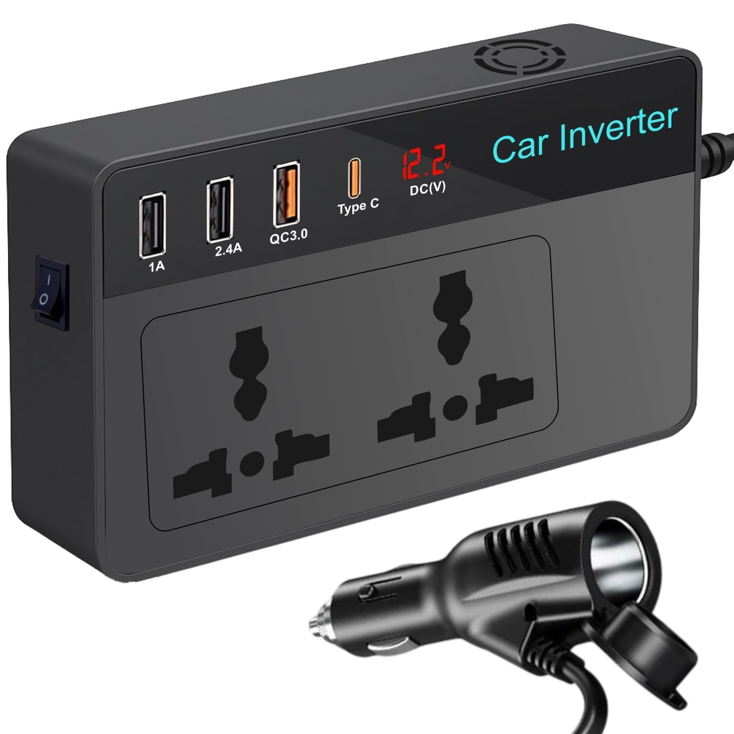 Dyazo 200W Car Power Inverter with Dual AC Outlets | Fast Charging QC3.0 | USB 2.4A + 1A & 30W Type C Ports | 12V DC to 220V AC Inverter with LED Display for Laptops & Gadgets (Black)