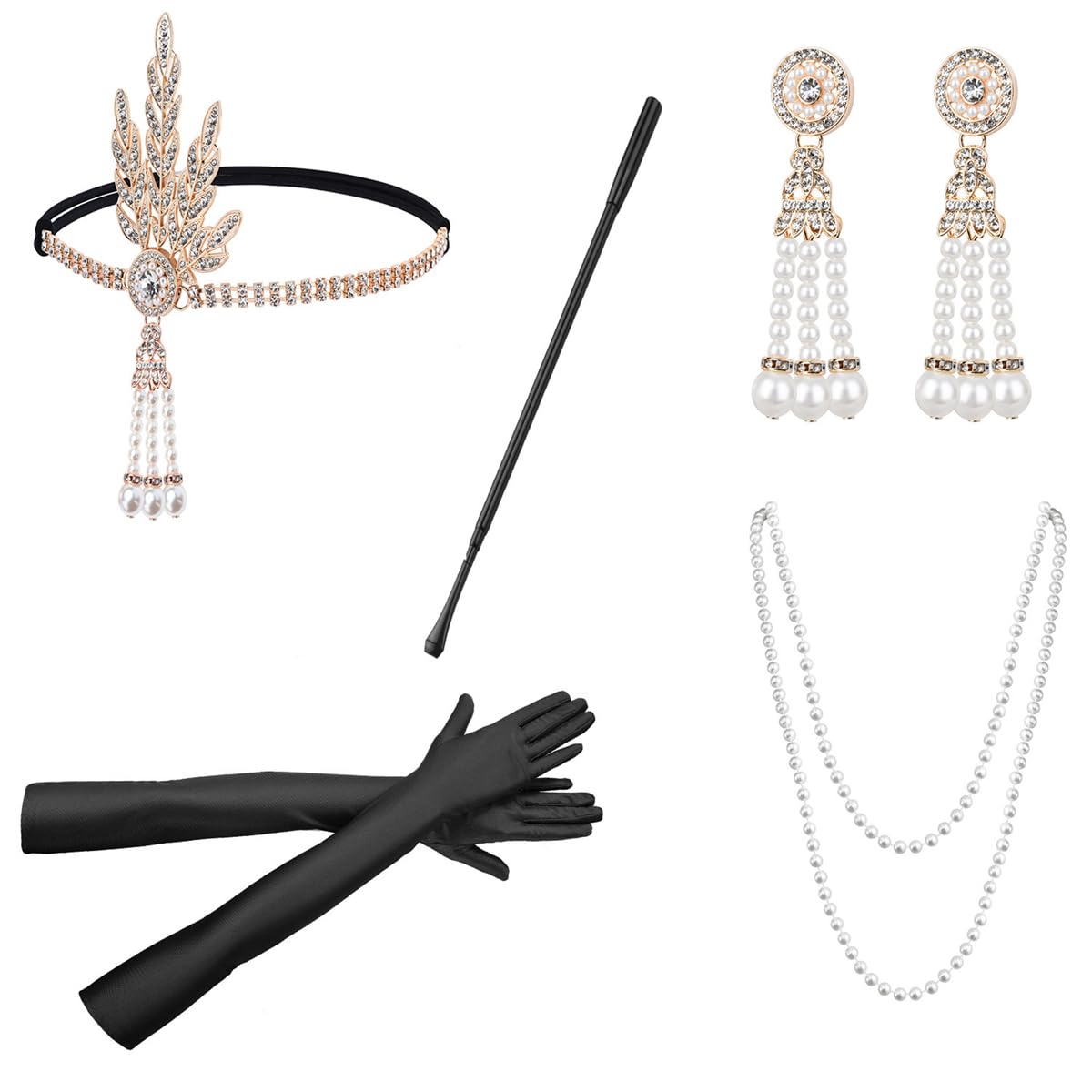 Alide 1 set 1920s Flapper Accessories Set for Women Great Gatsby Costume Kit with Feather Headband, Pearl Necklace, Gloves