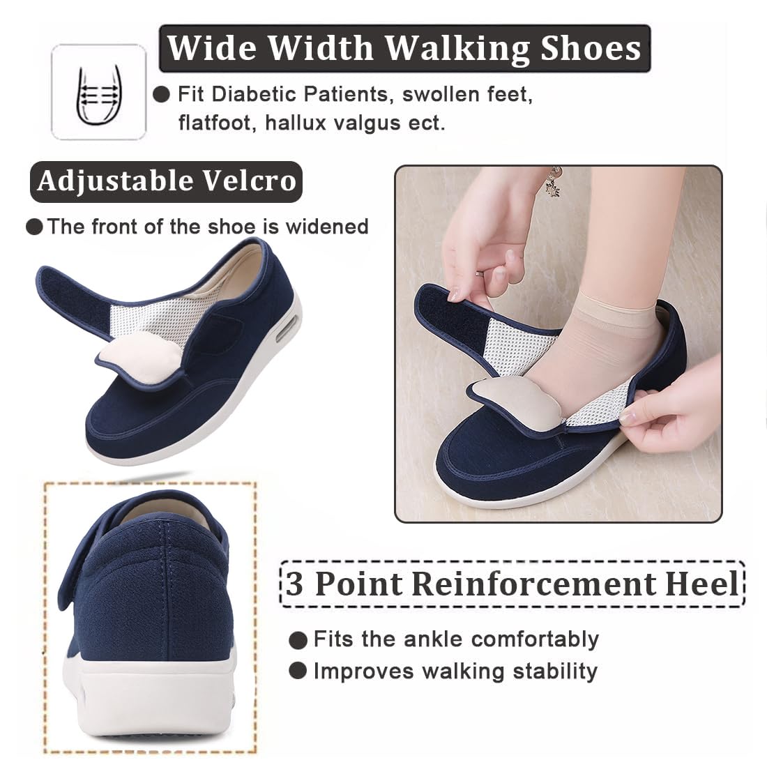Scarpe diabetiche Larghe per Donne Uomini, Scarpe da Piedi gonfi Anziani Regolabili Scarpe Traspiranti Leggere in Memory Foam Edema Scarpe da Passeggio