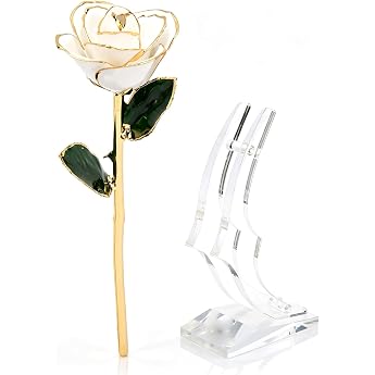 24K Golden Rose, Gold Dipped Rose, 24K Real Rose Petal, 24K Gold Plated Real Rose with Long Stem Stand, White Gold-Plated Ros