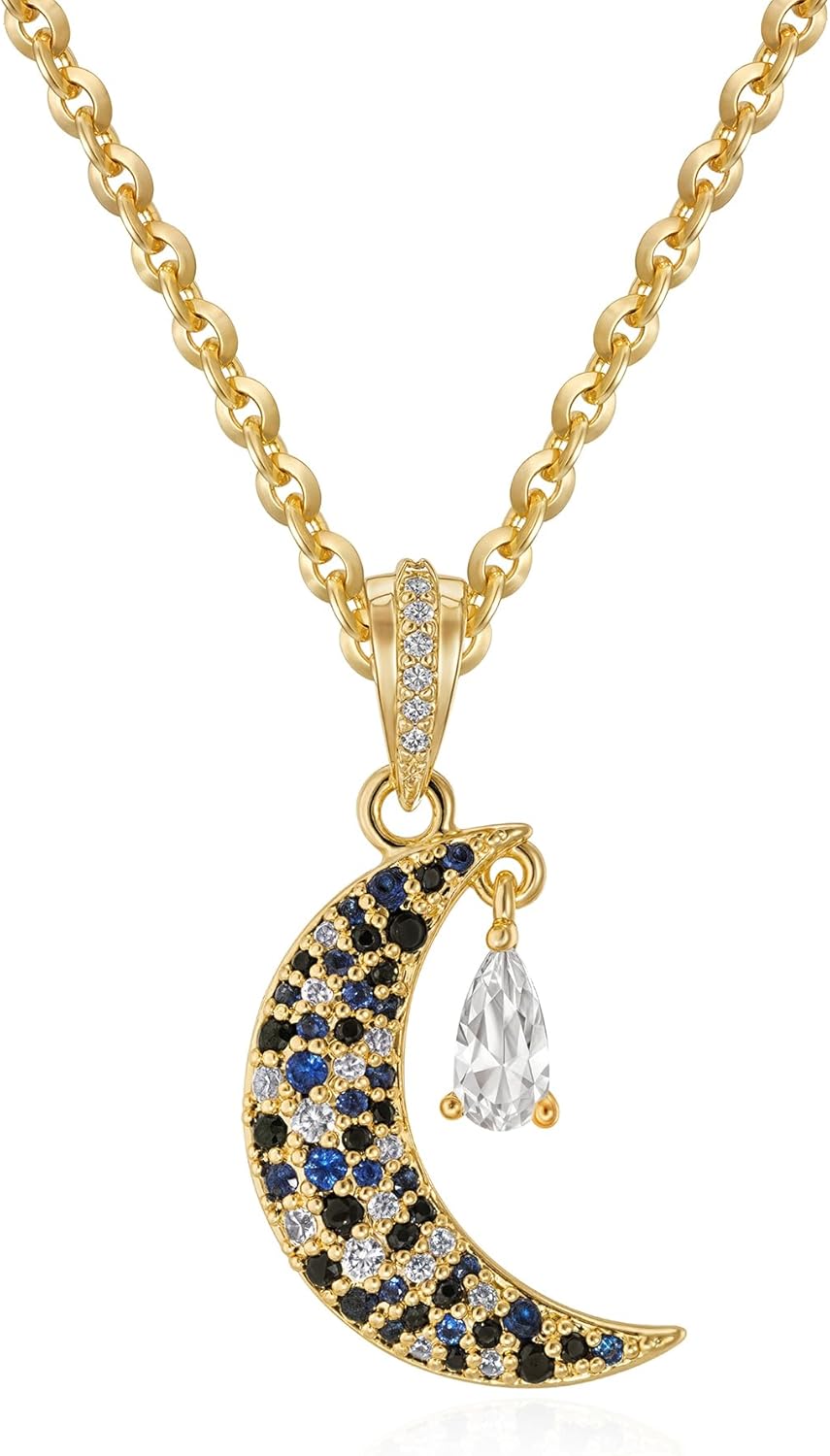 MTMY Gold Moon Pendant Necklace for Women,14K Gold Plated Dainty Chain Crescent Moon Sun Star Necklace Jewelry